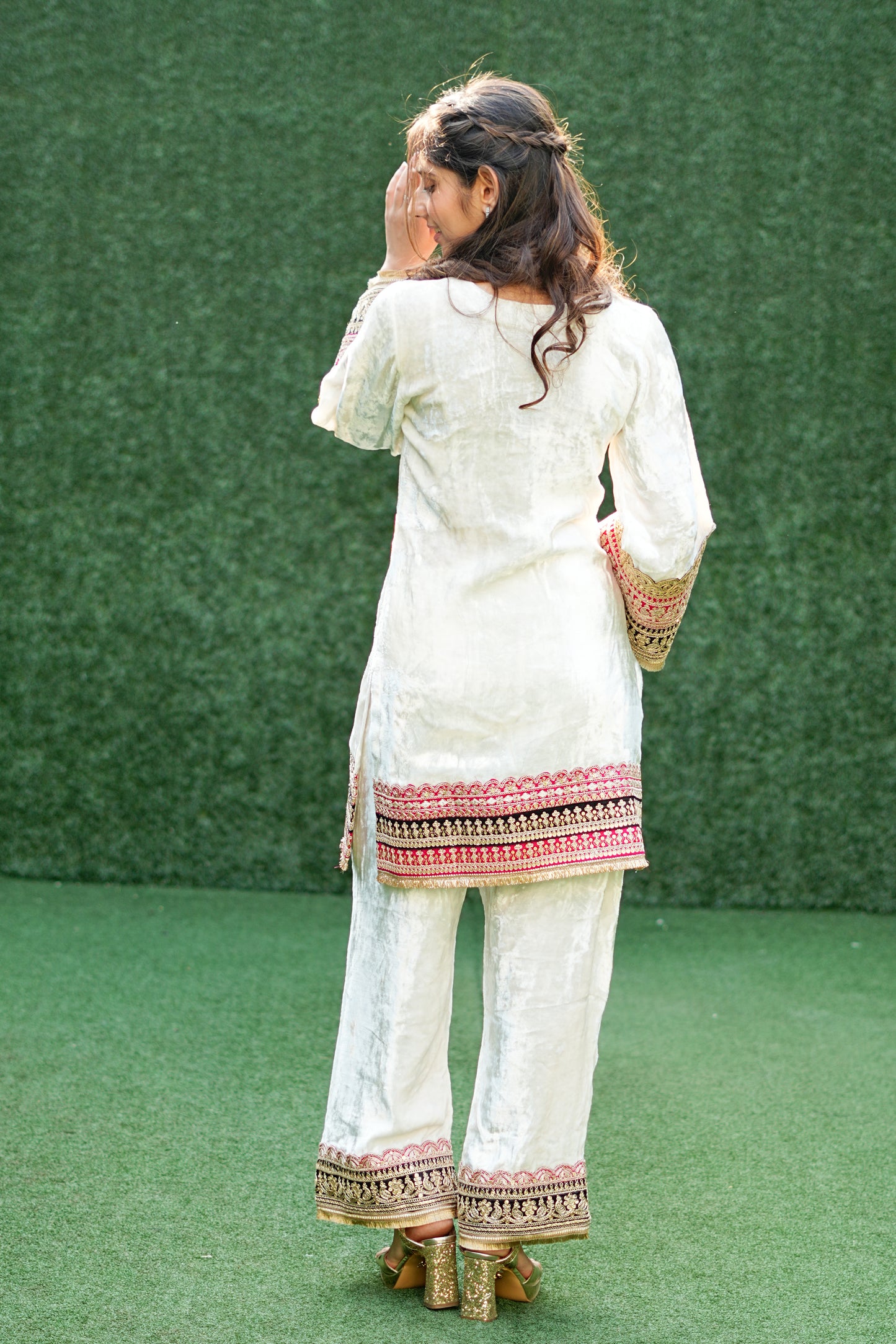 White Velvet Set with Rich Contrast Embroidered Work