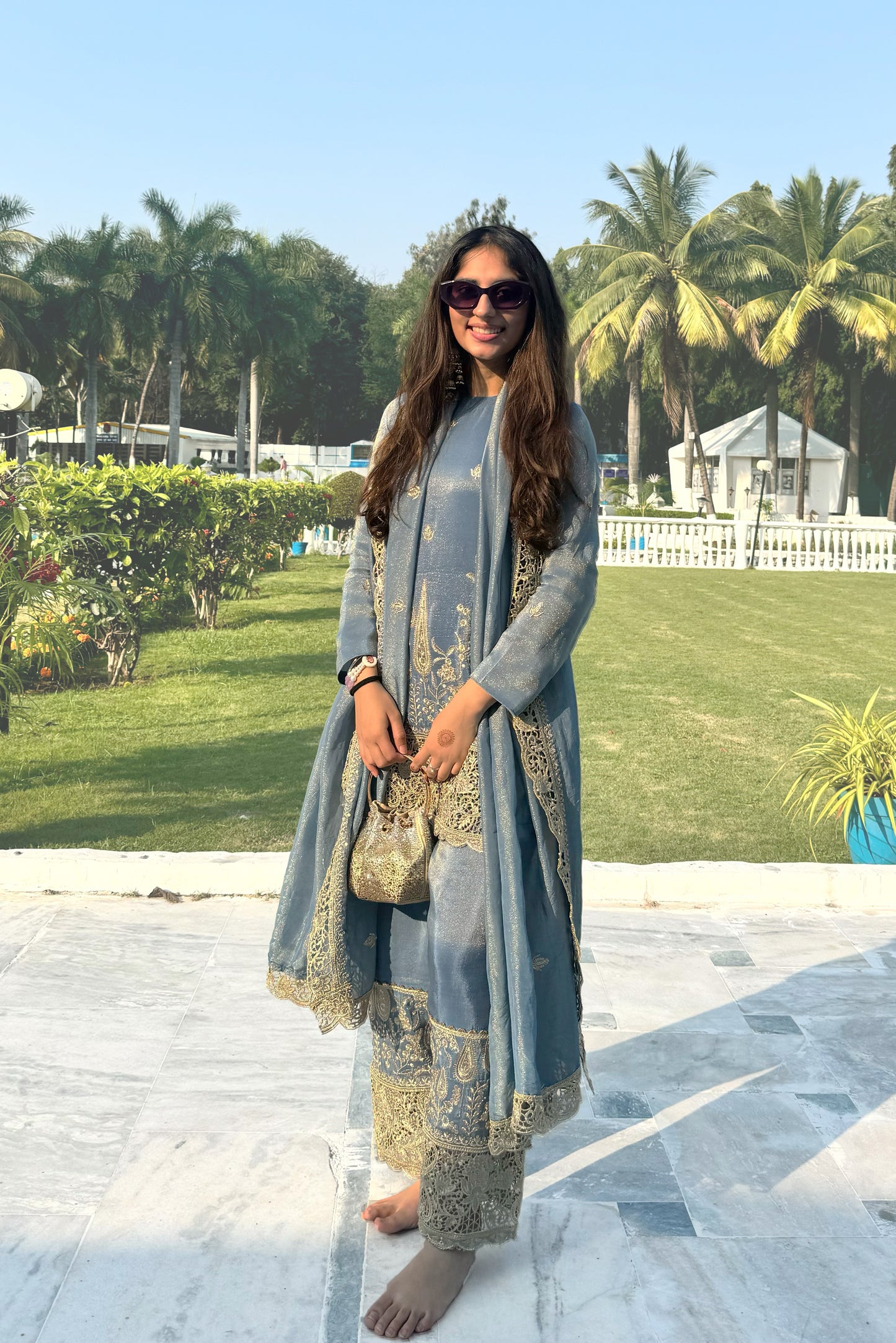 Blue Embroidered Cutwork Tissue Suit