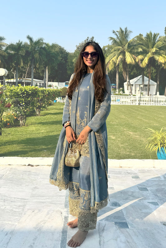 Blue Embroidered Cutwork Tissue Suit