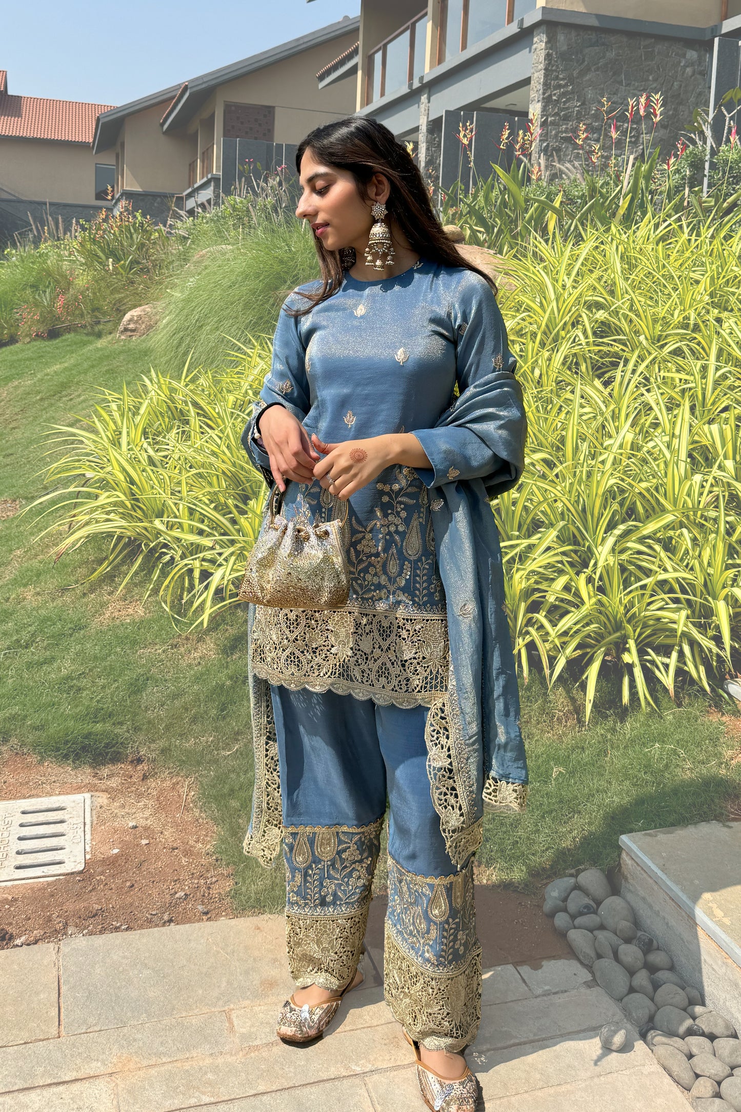 Blue Embroidered Cutwork Tissue Suit