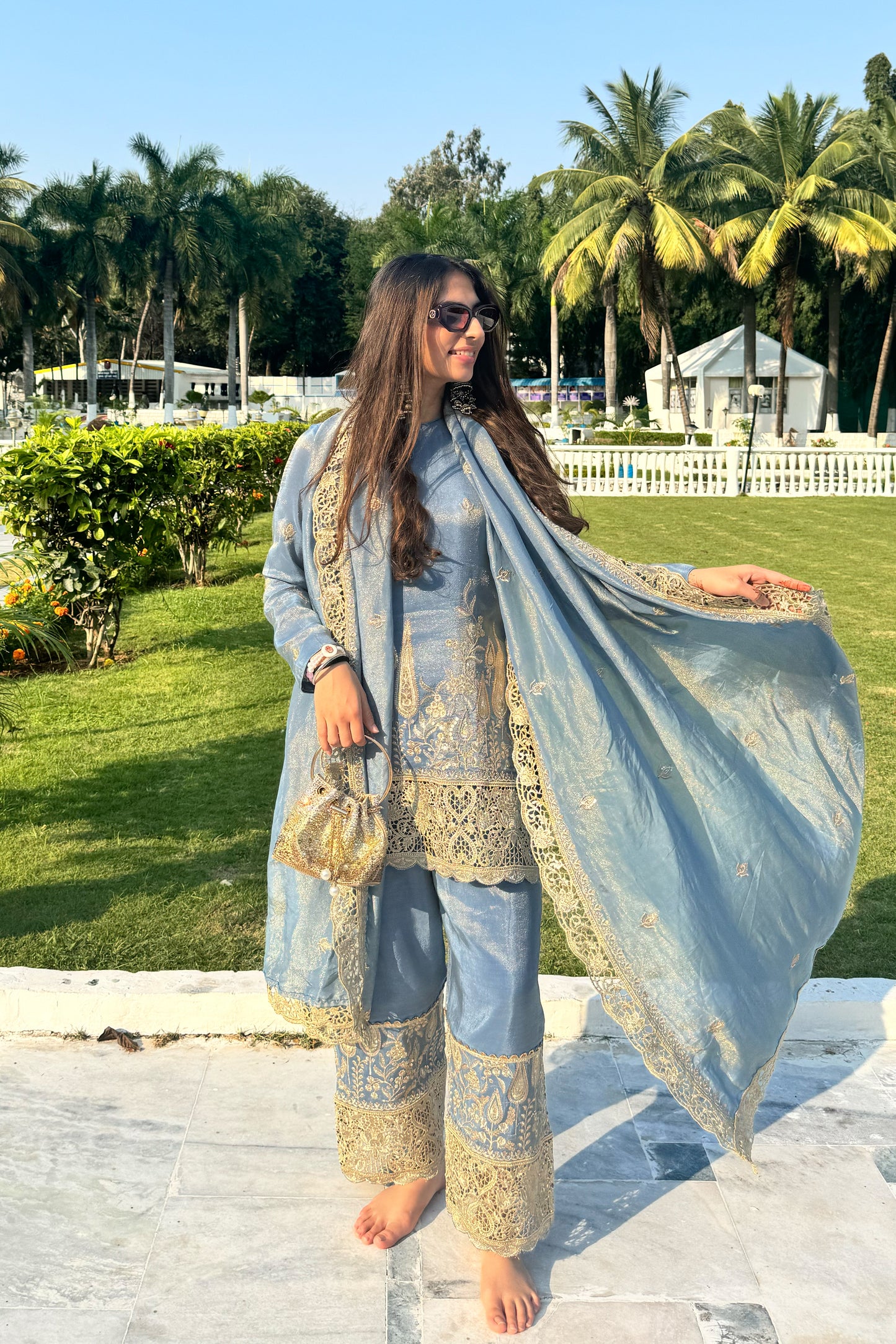 Blue Embroidered Cutwork Tissue Suit