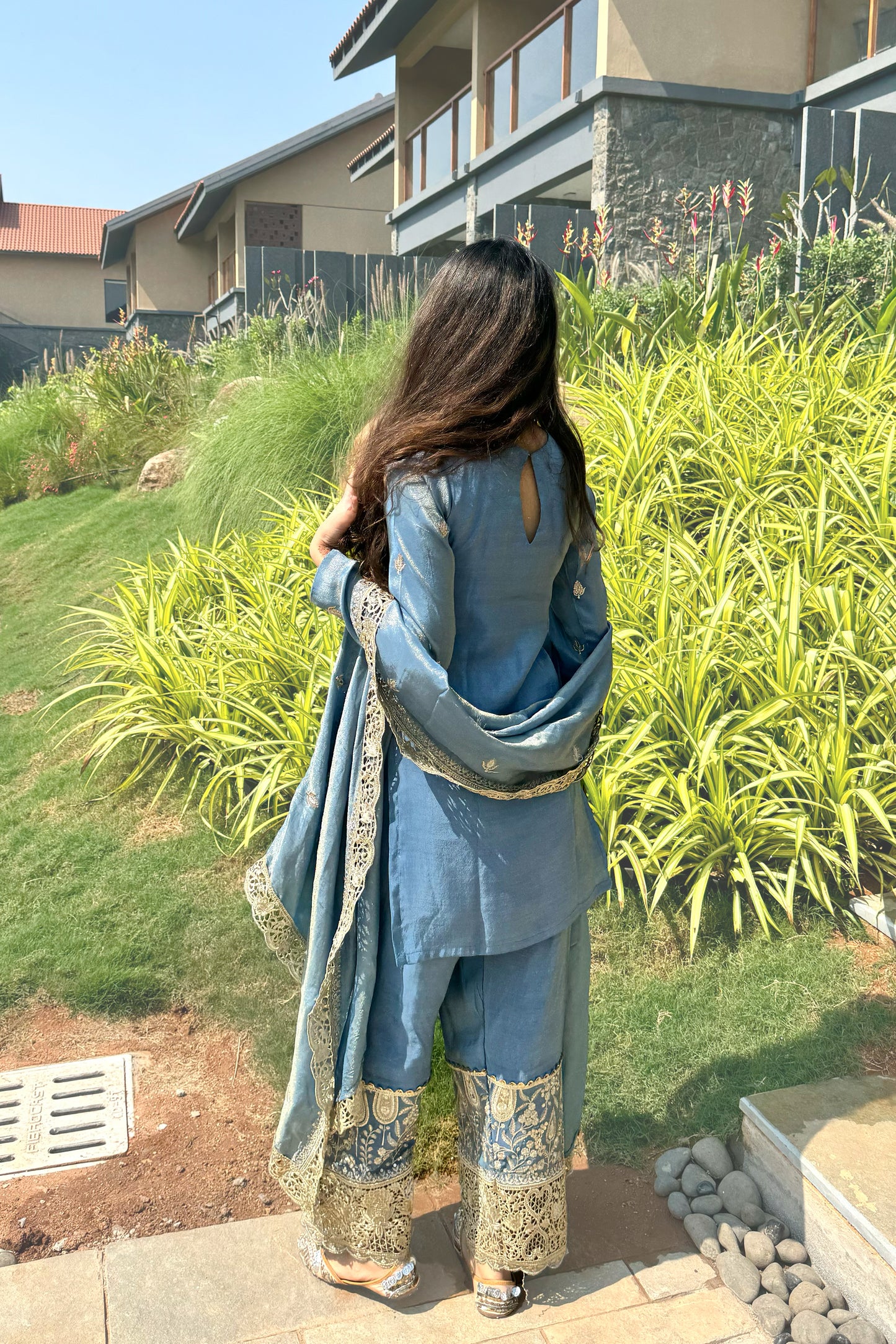 Blue Embroidered Cutwork Tissue Suit