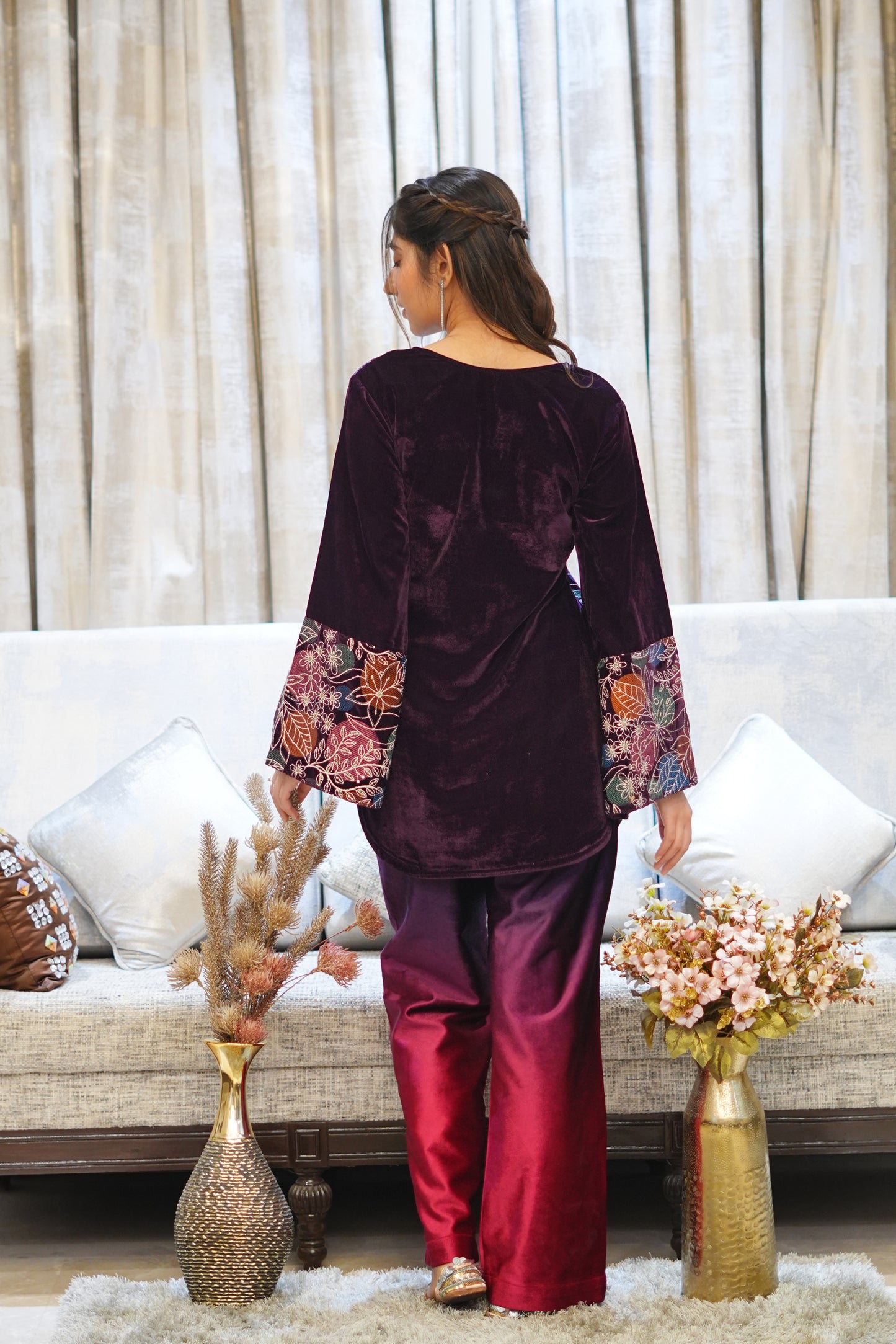 Embroidered Velvet Kurti with Shaded Bottoms