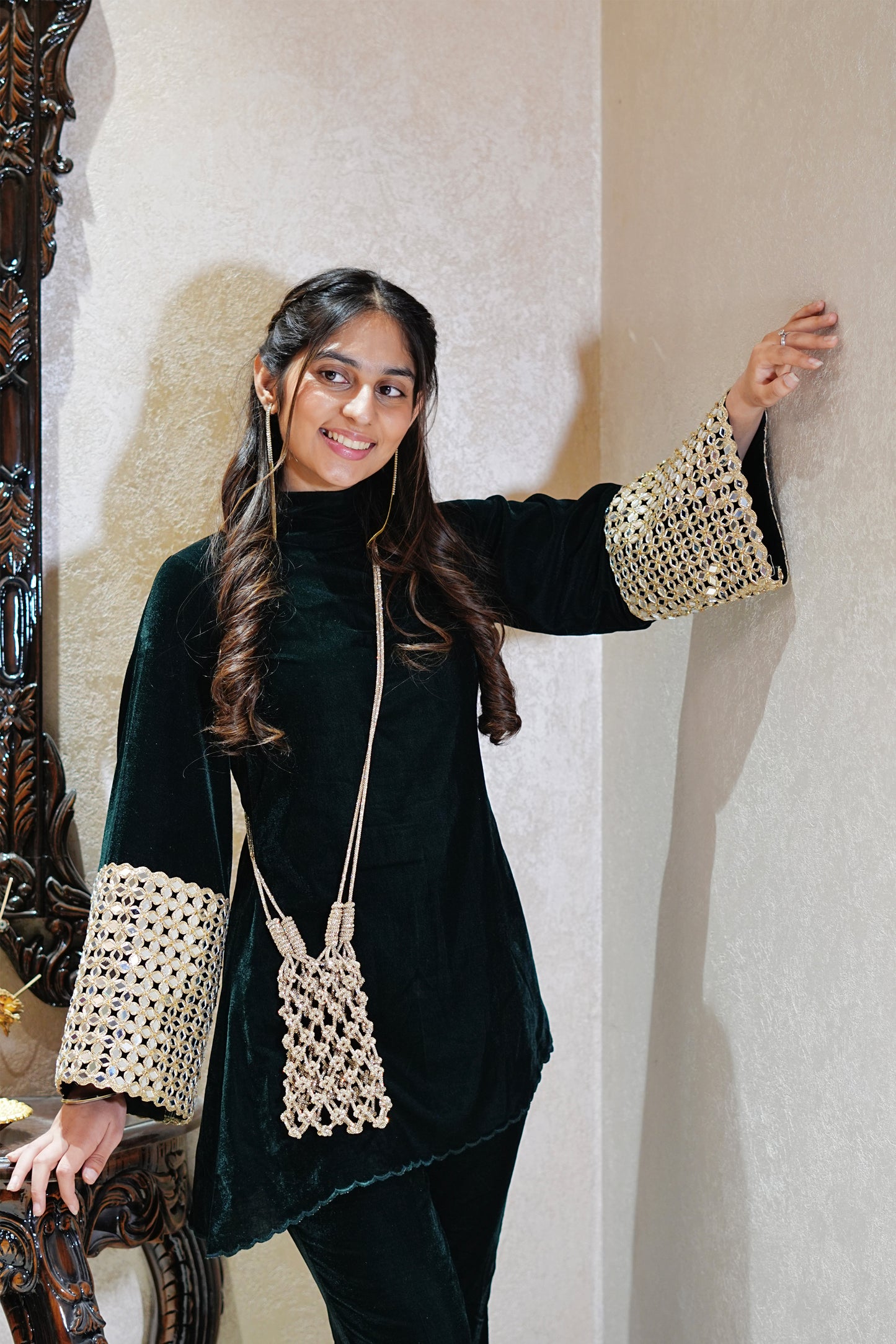 High Neck Mirror Embellished Velvet Coord