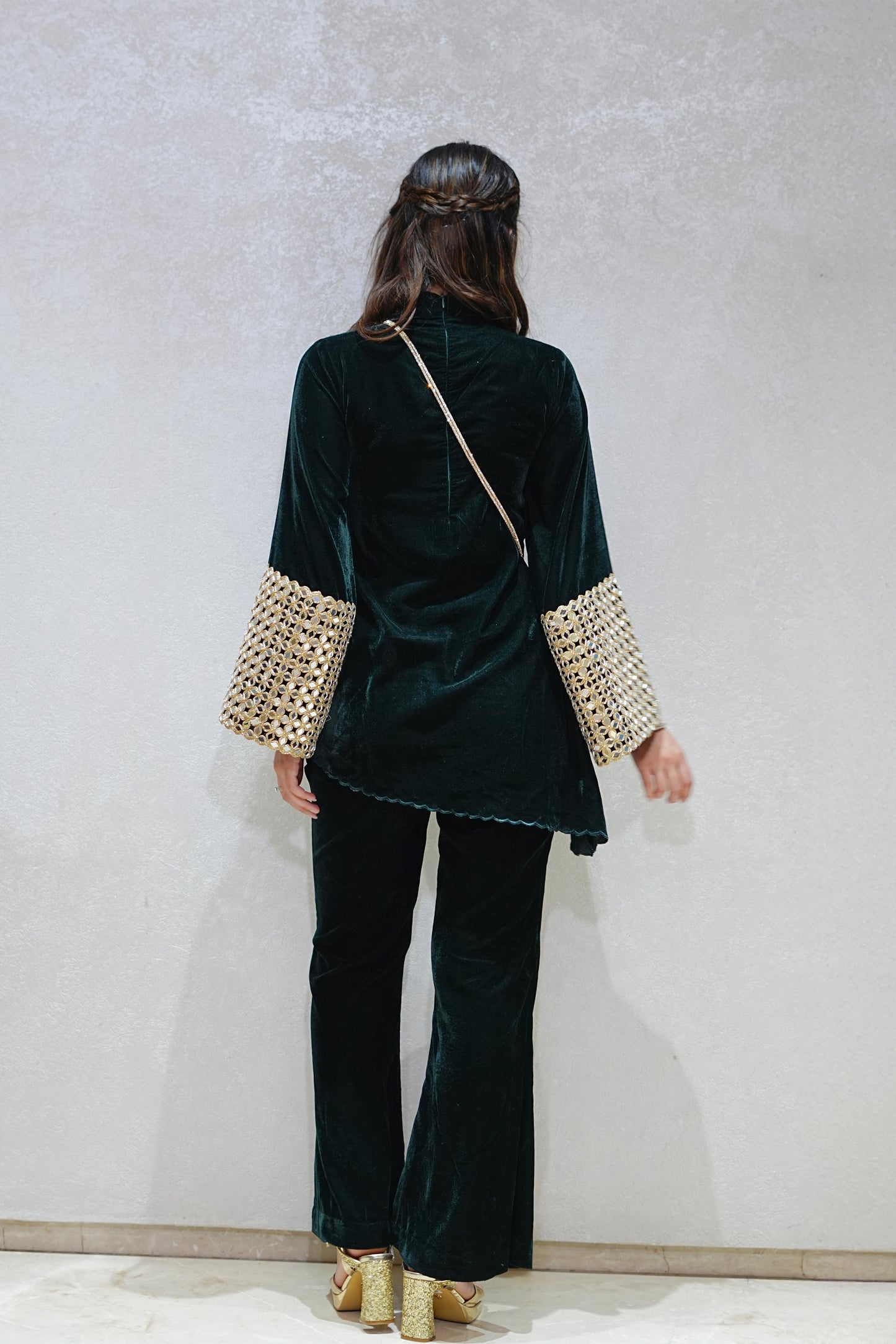 High Neck Mirror Embellished Velvet Coord