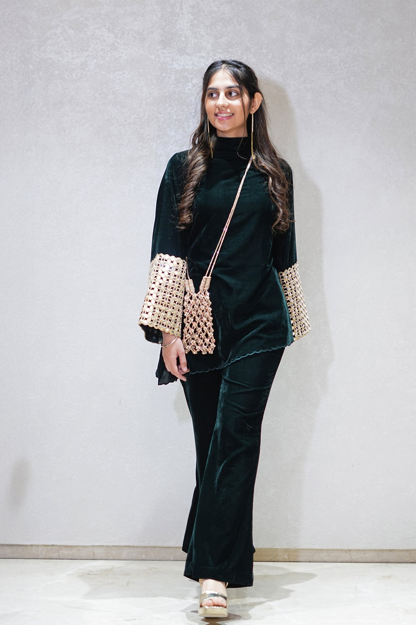 High Neck Mirror Embellished Velvet Coord