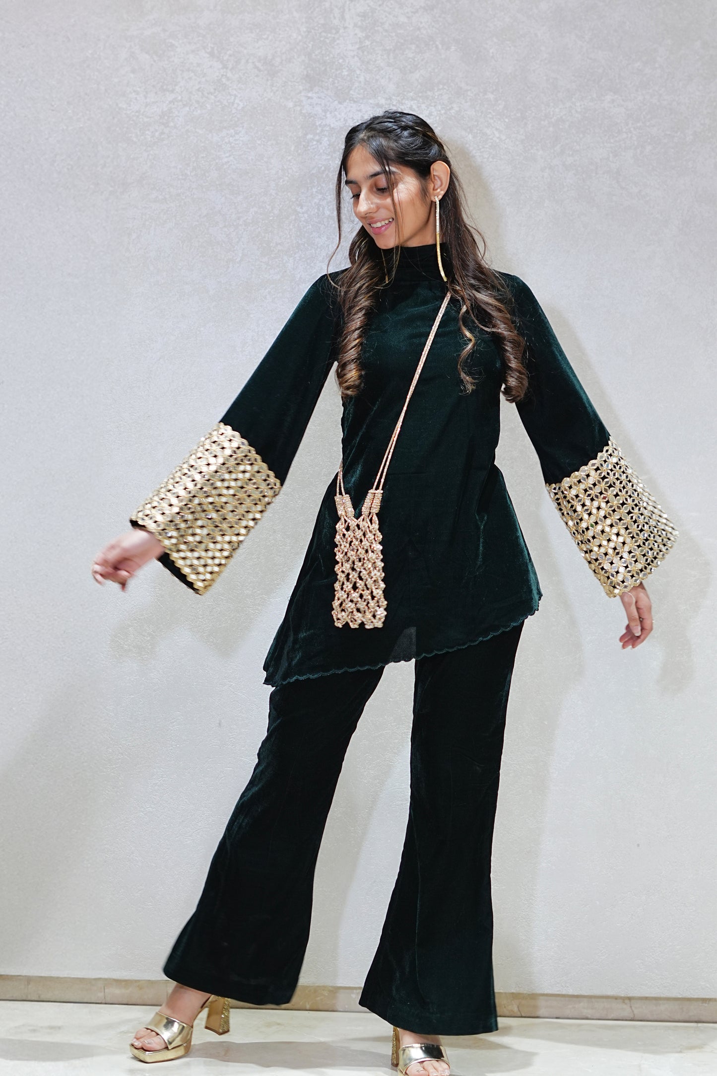 High Neck Mirror Embellished Velvet Coord