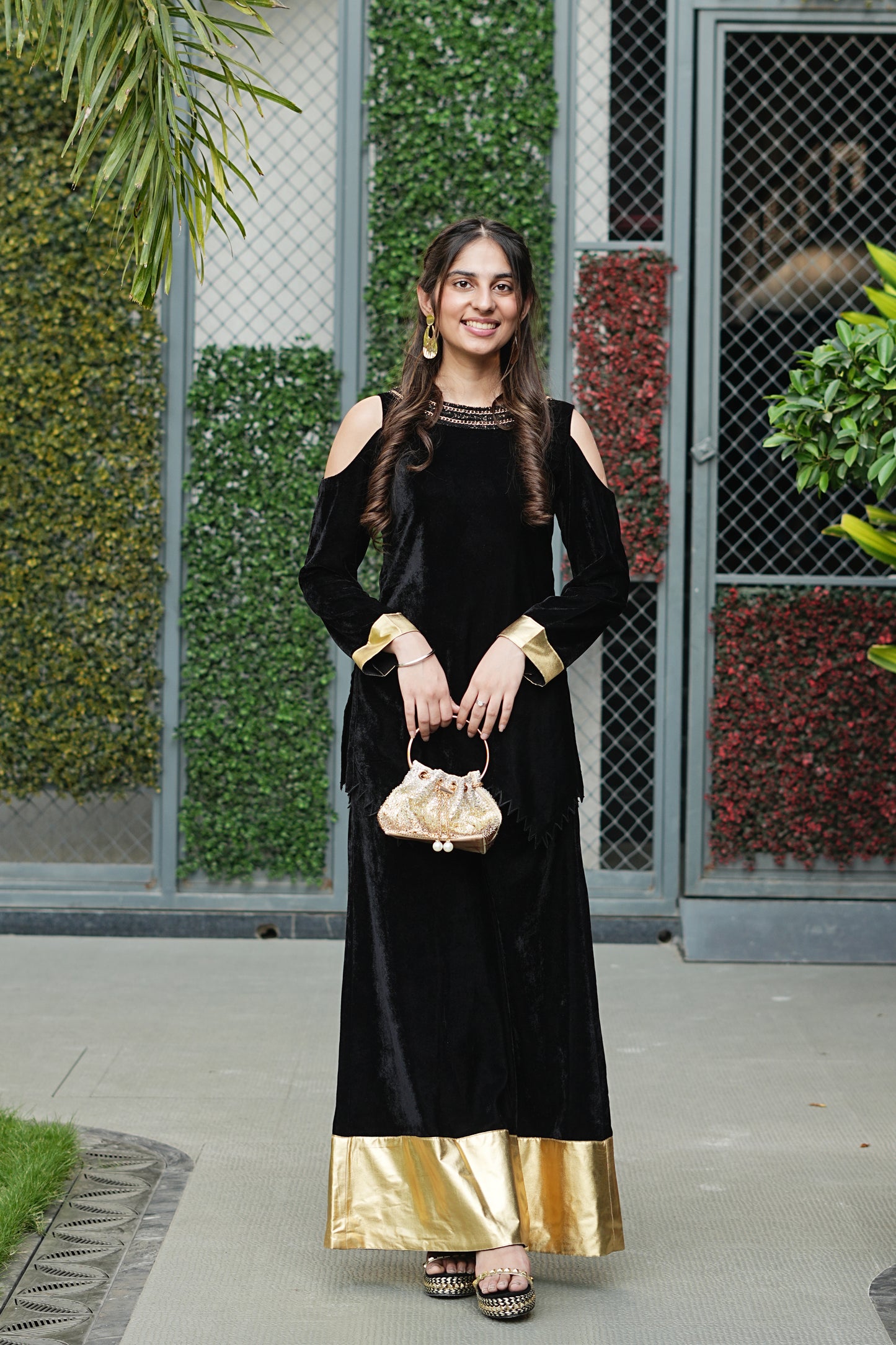 Black Velvet Co-ord with Gold Foil Highlights