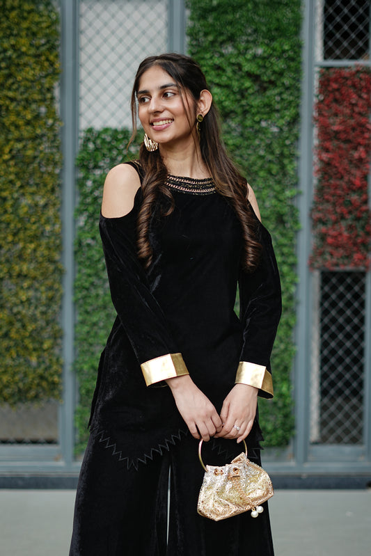 Black Velvet Co-ord with Gold Foil Highlights