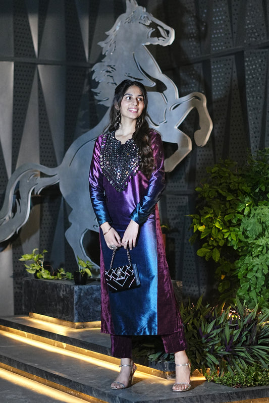 Shaded Velvet Mirror-Work Kurti Set