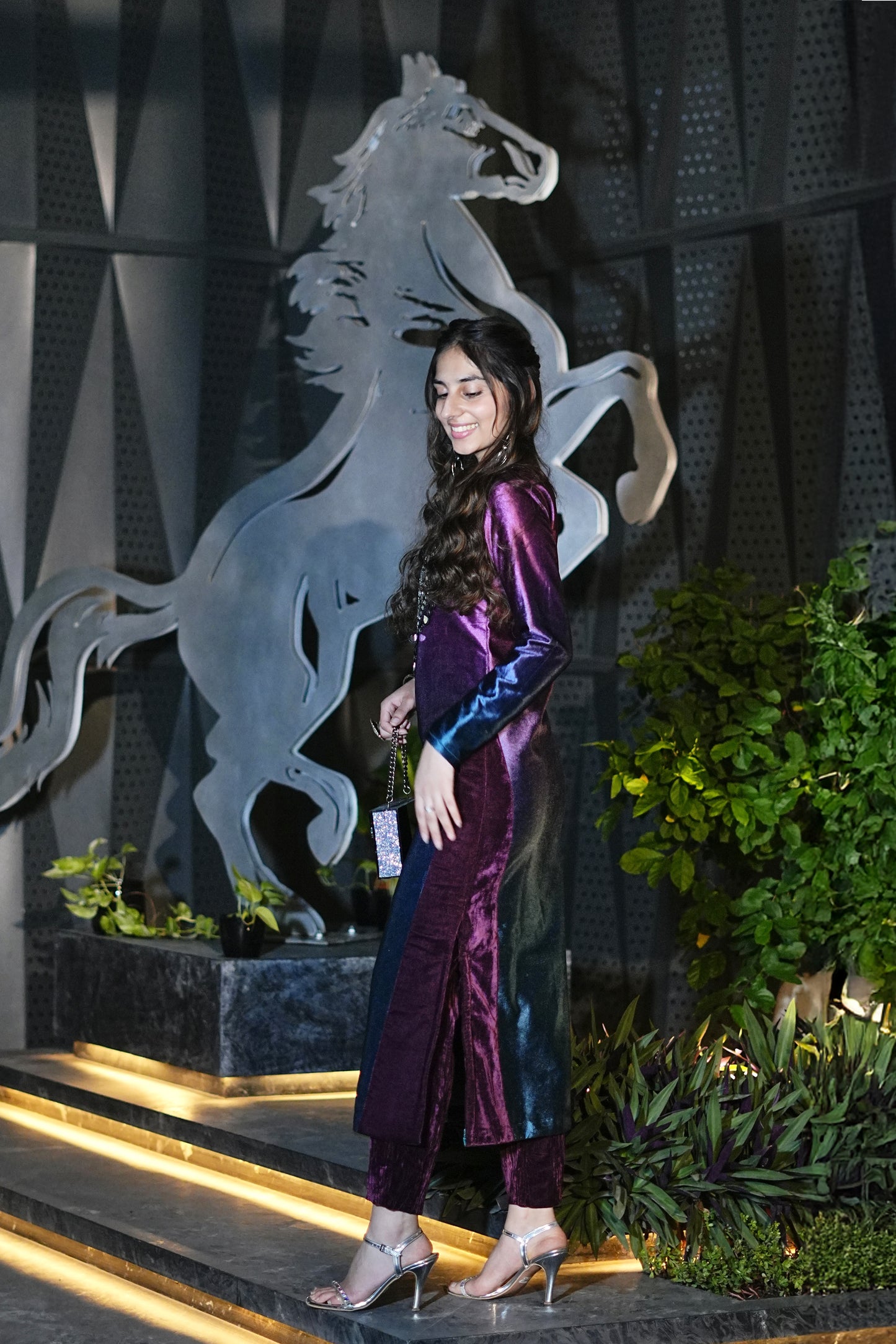 Shaded Velvet Mirror-Work Kurti Set