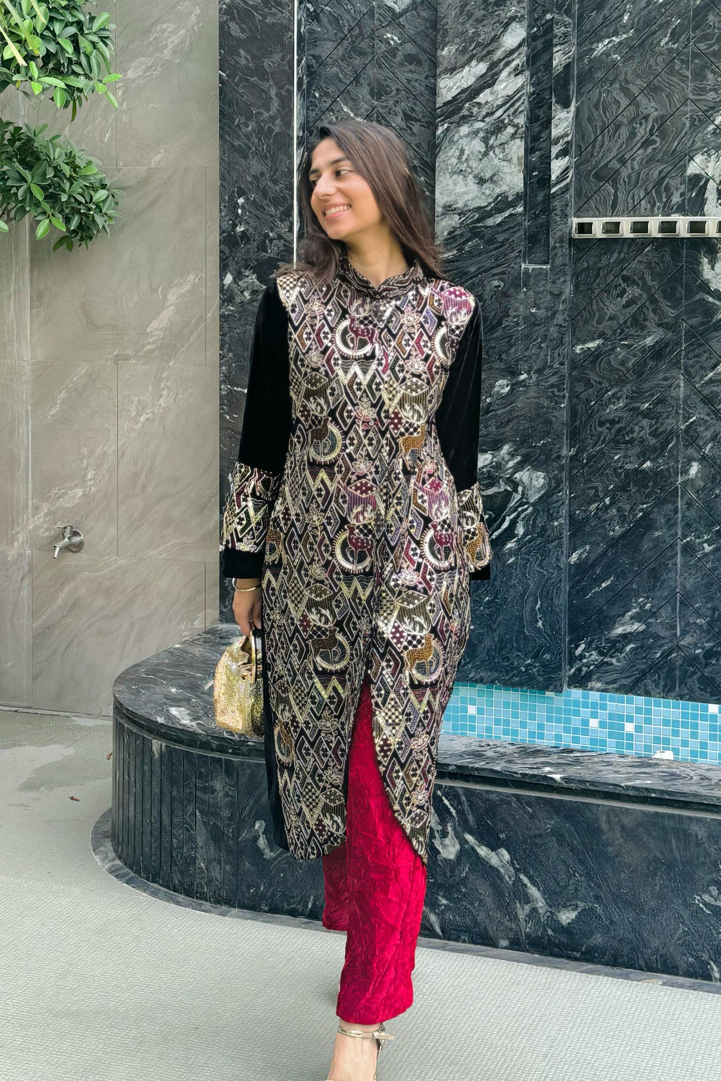 Embroidered Velvet Collared Kurti with Crushed Maroon Pants