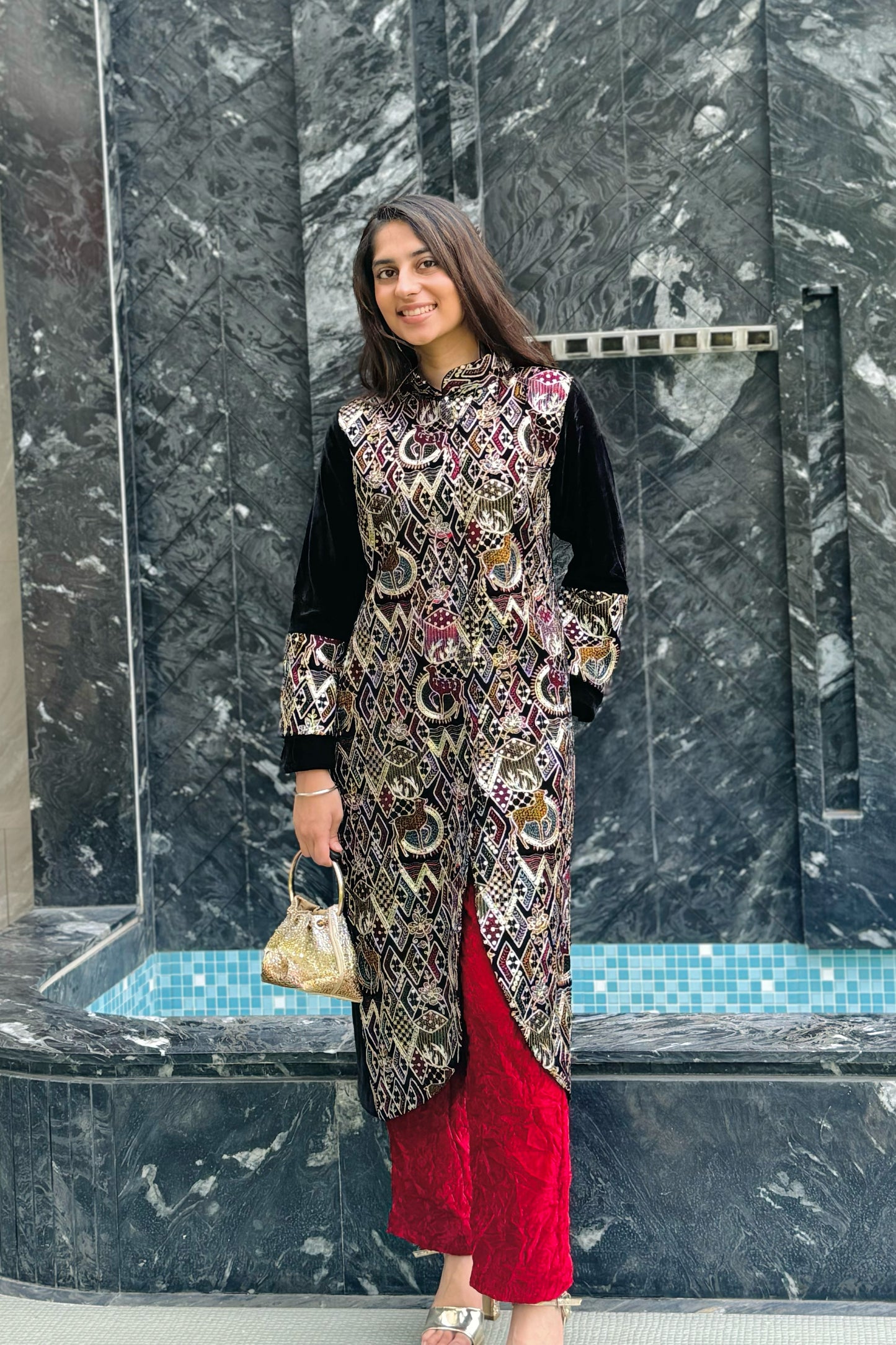 Embroidered Velvet Collared Kurti with Crushed Maroon Pants