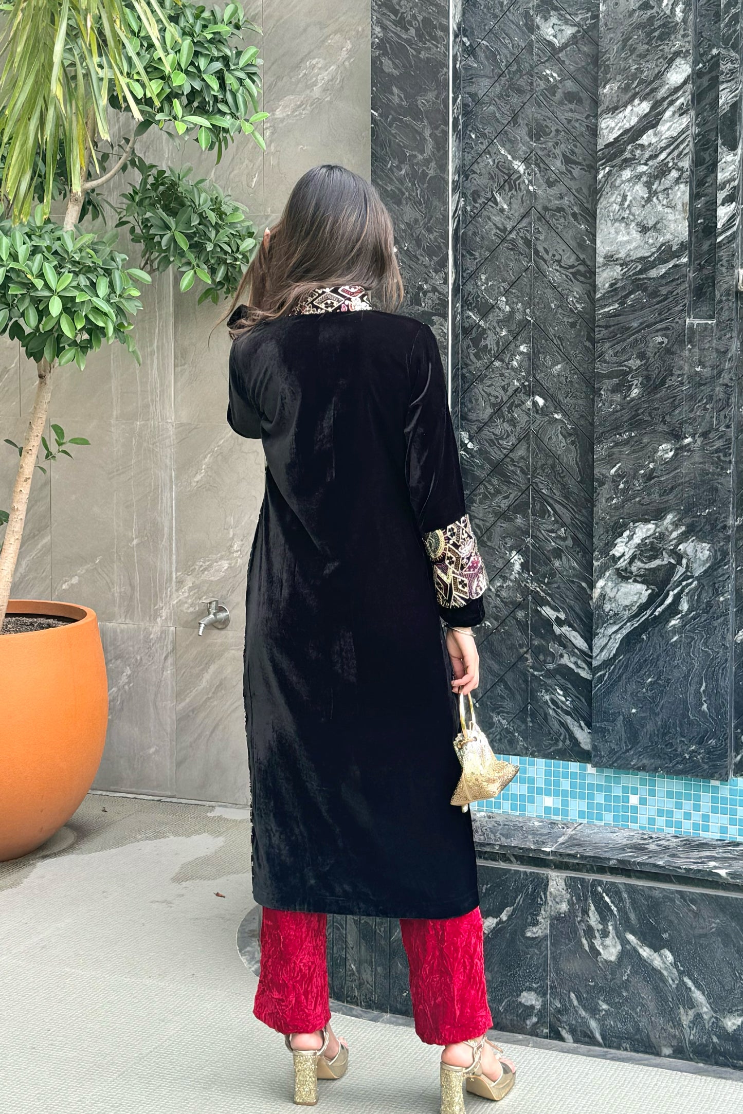 Embroidered Velvet Collared Kurti with Crushed Maroon Pants