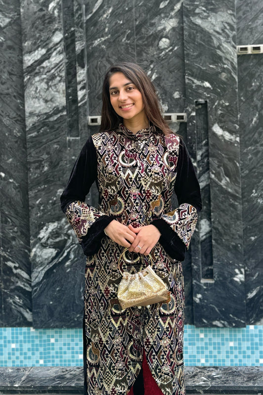 Embroidered Velvet Collared Kurti with Crushed Maroon Pants