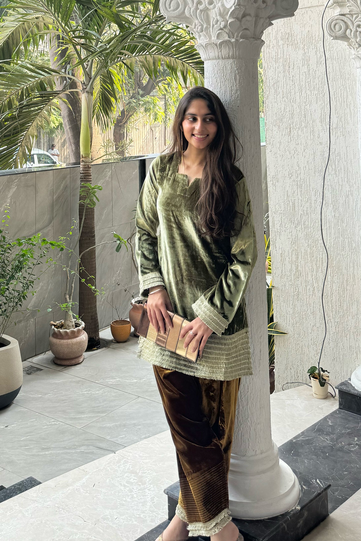 Velvet Contrast Coord Set with Farshi Salwar and Kiran Lace Border