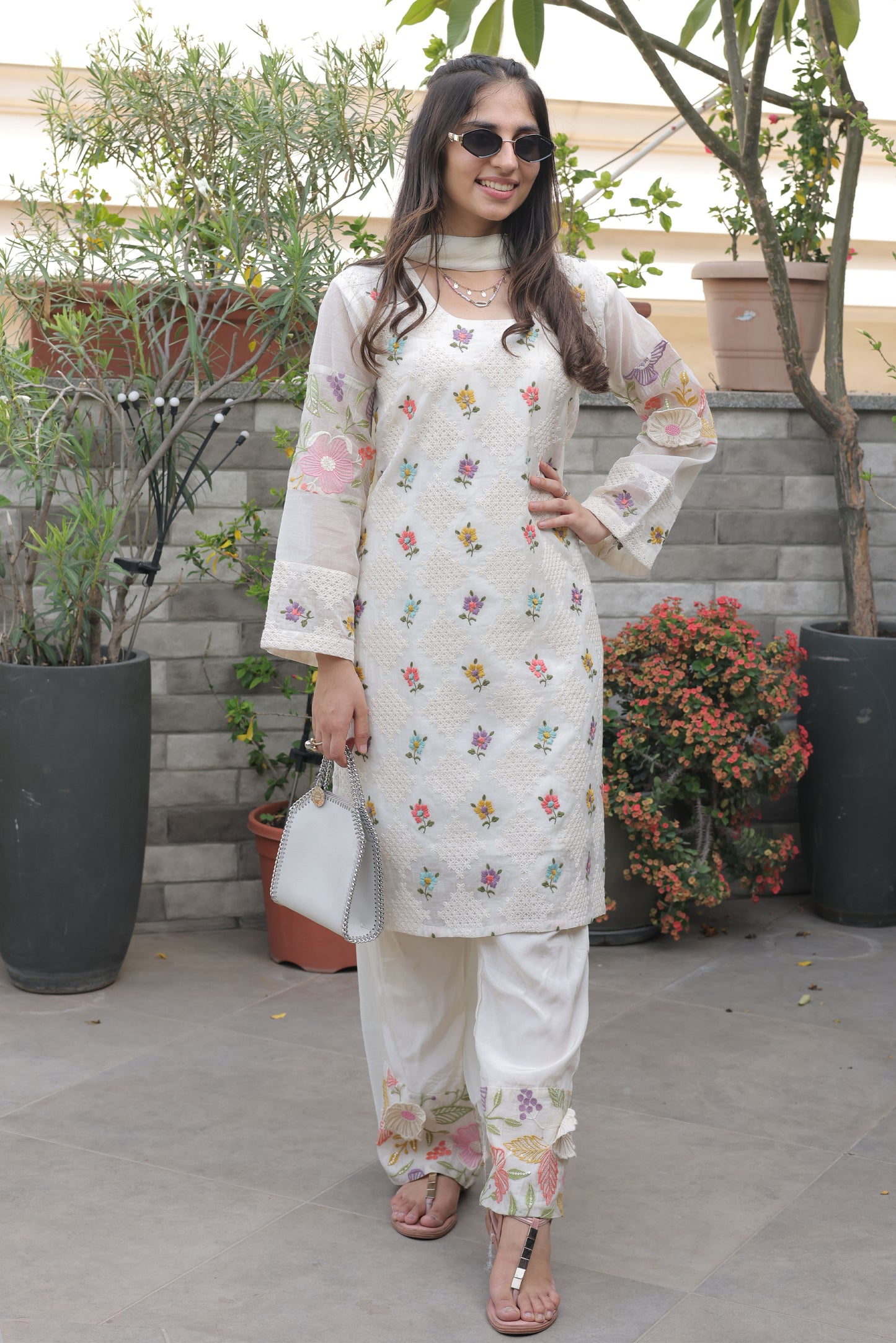 Ivory Chanderi Suit Set with Floral Embroidery