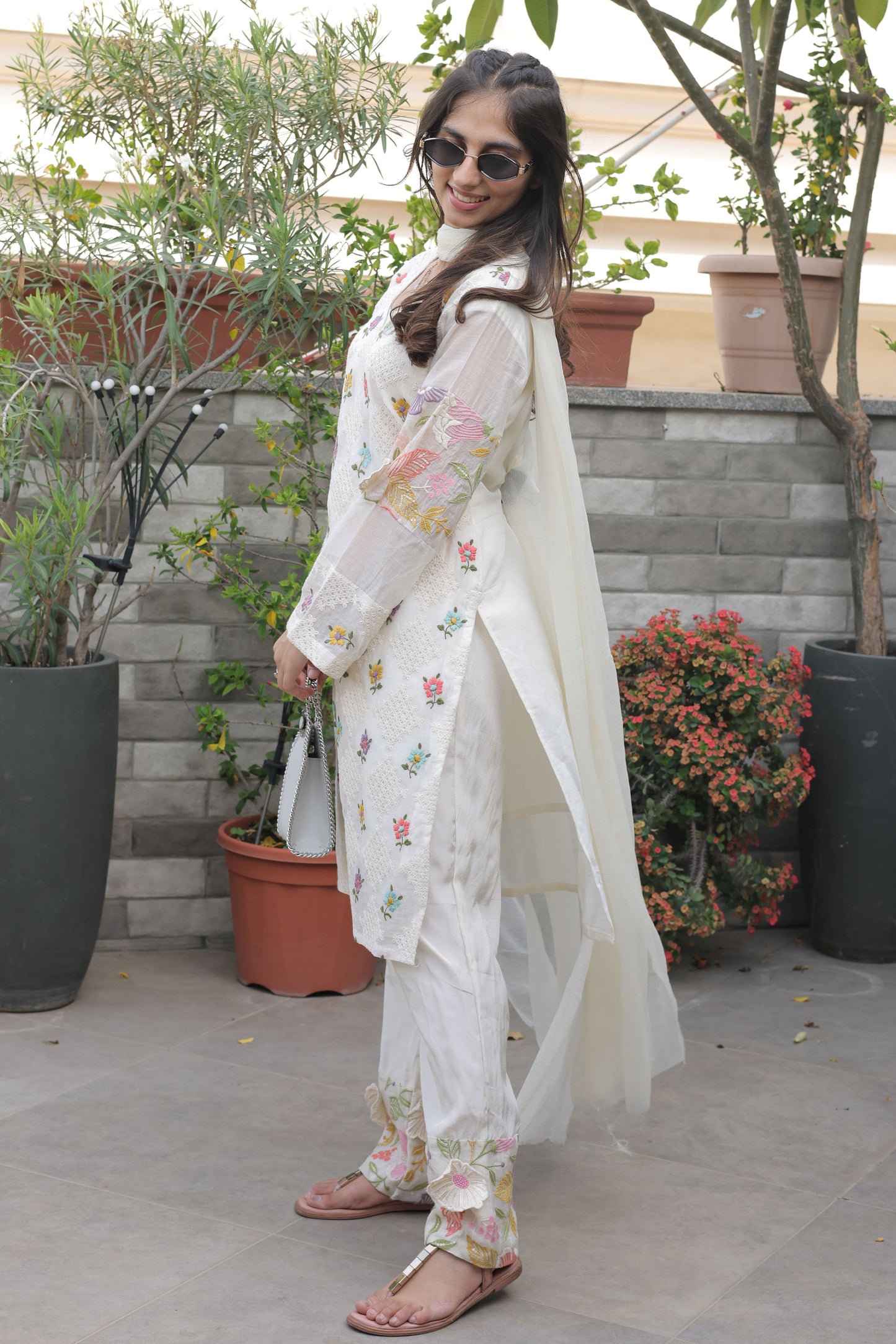 Ivory Chanderi Suit Set with Floral Embroidery