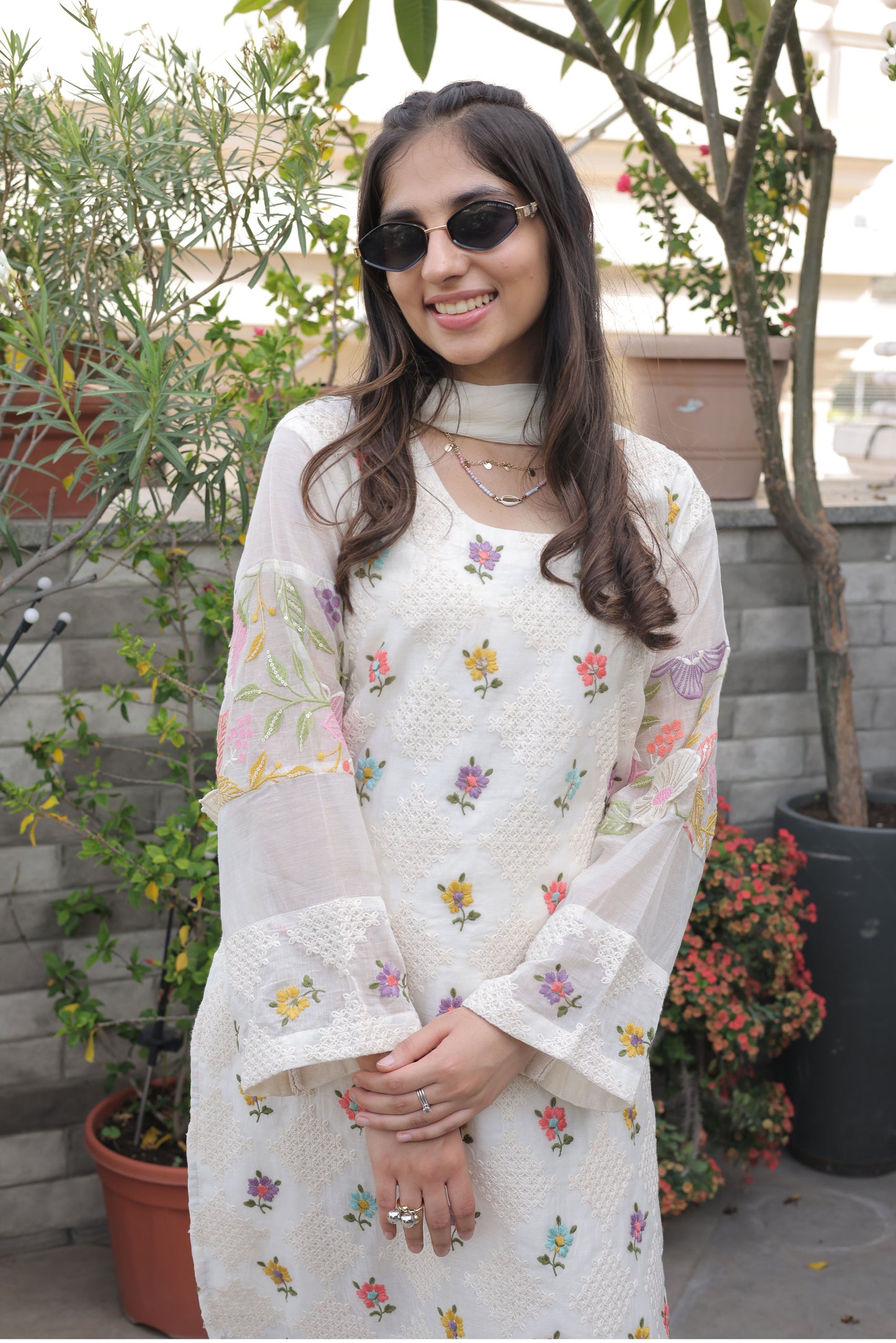 Ivory Chanderi Suit Set with Floral Embroidery