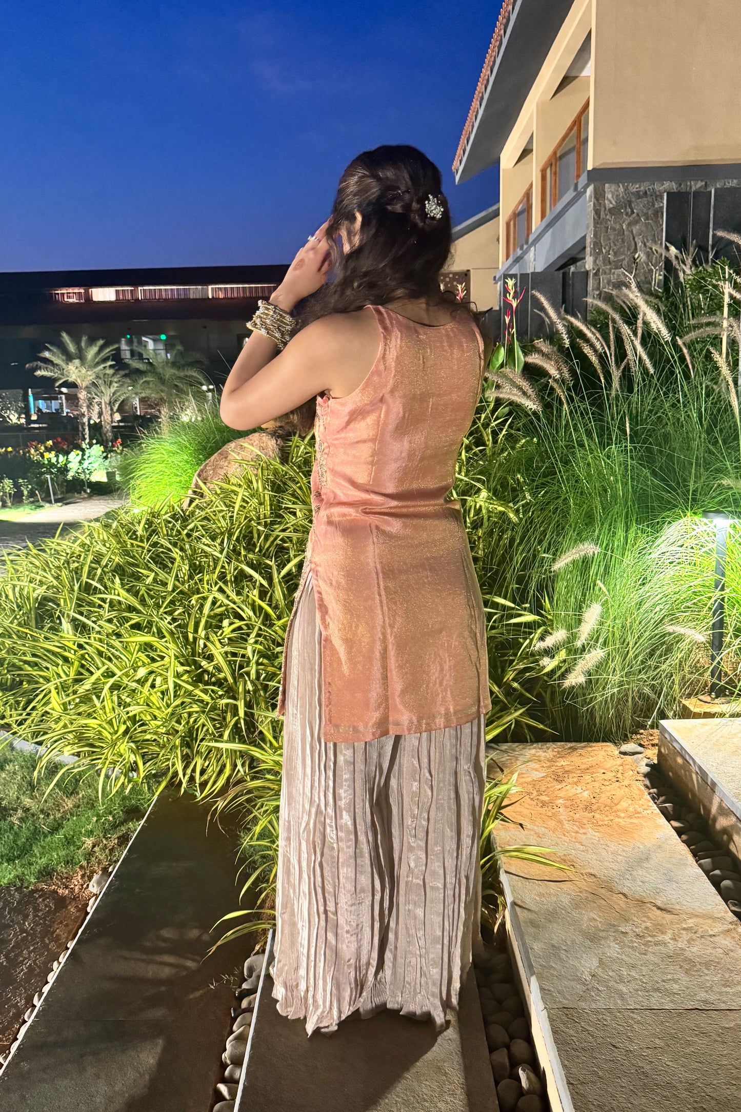 Embroidered Peach Tissue Sharara Set