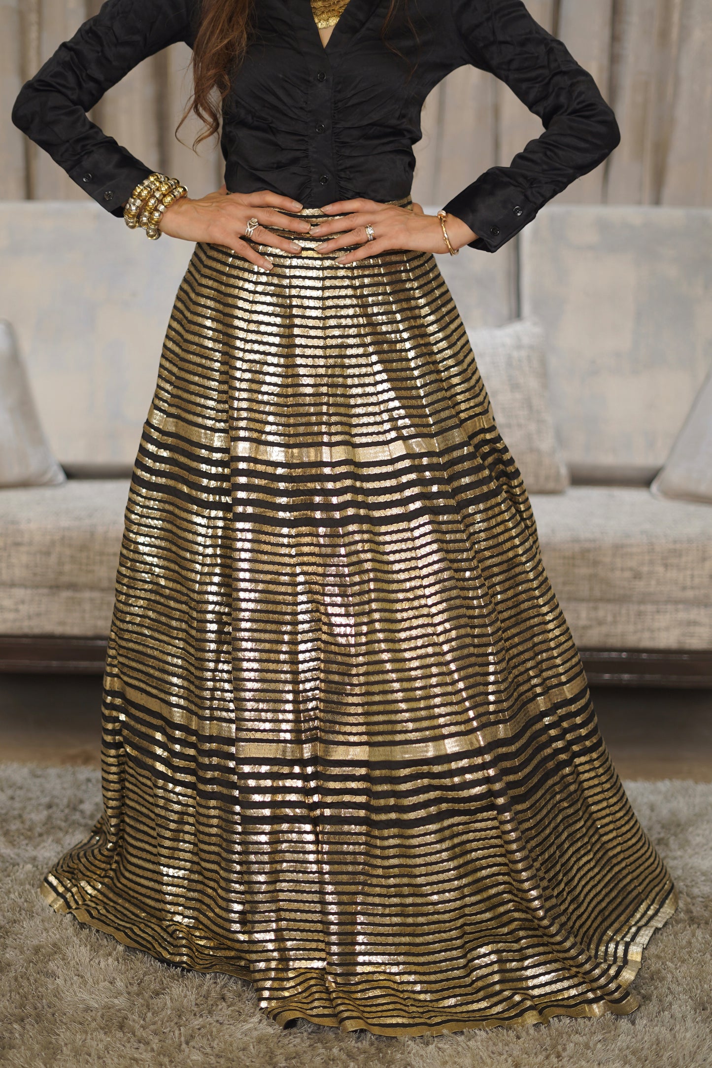Black Silk Lehenga with Gold Striped Foil