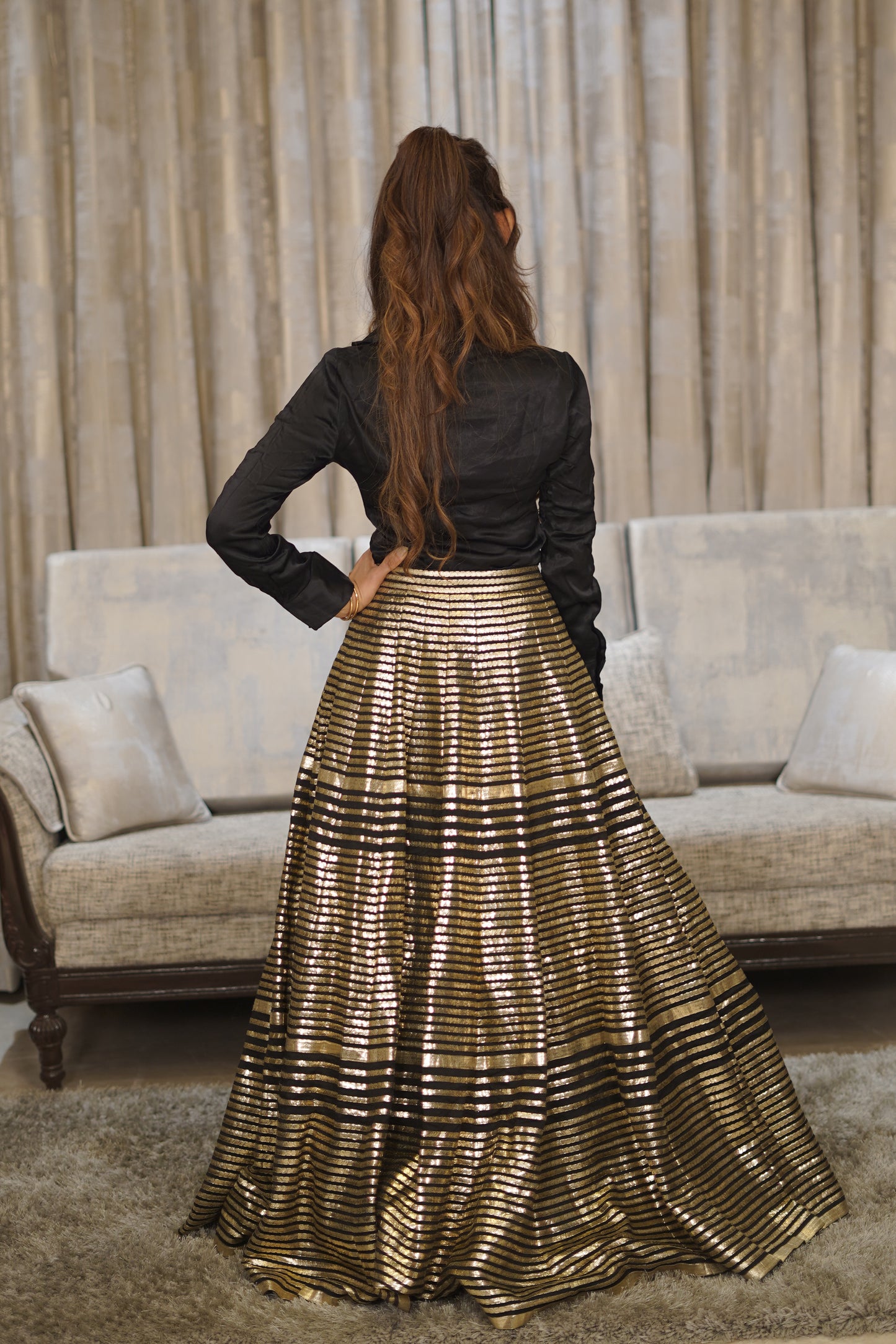 Black Silk Lehenga with Gold Striped Foil