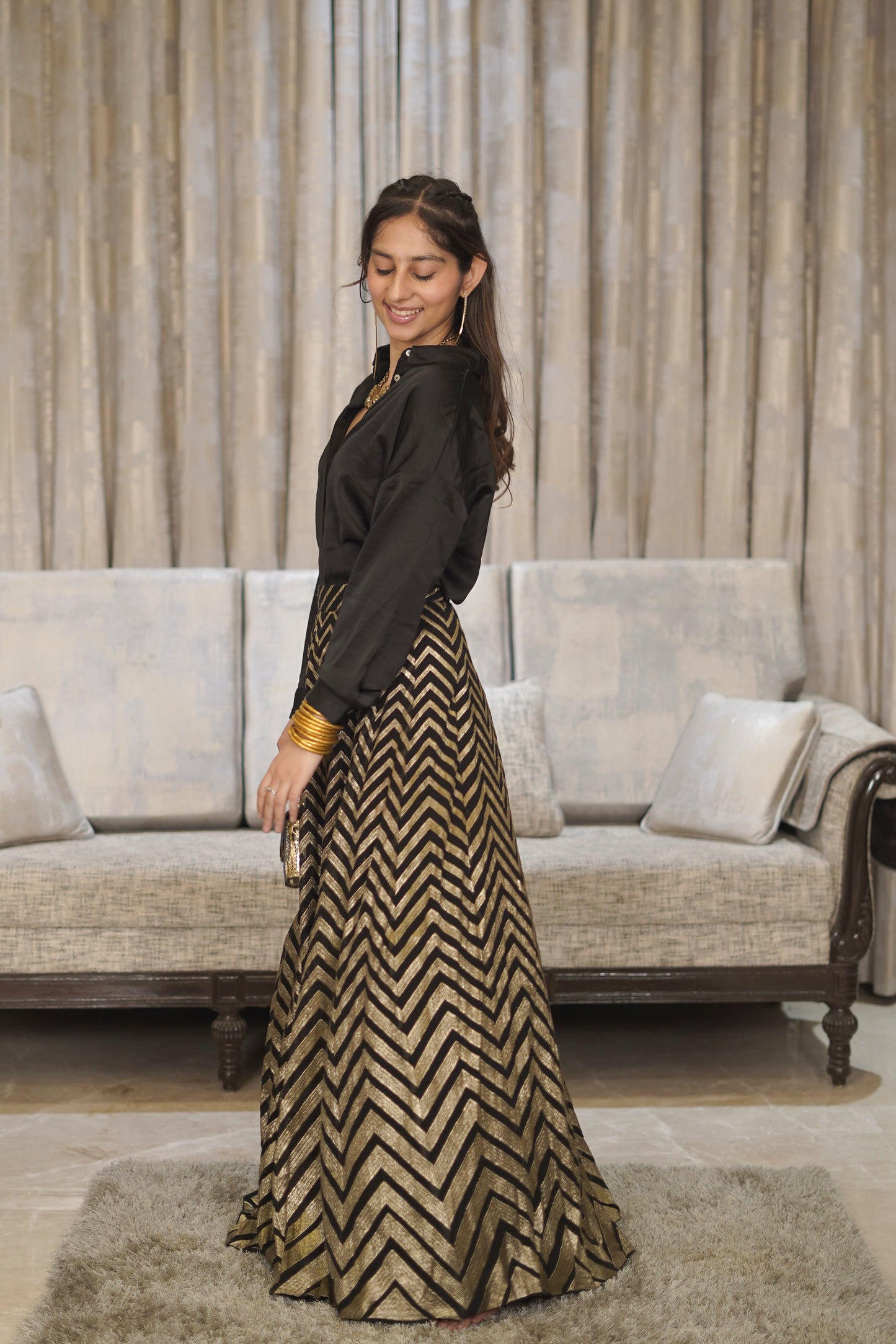 Black Georgette Lehenga with Gold Foil