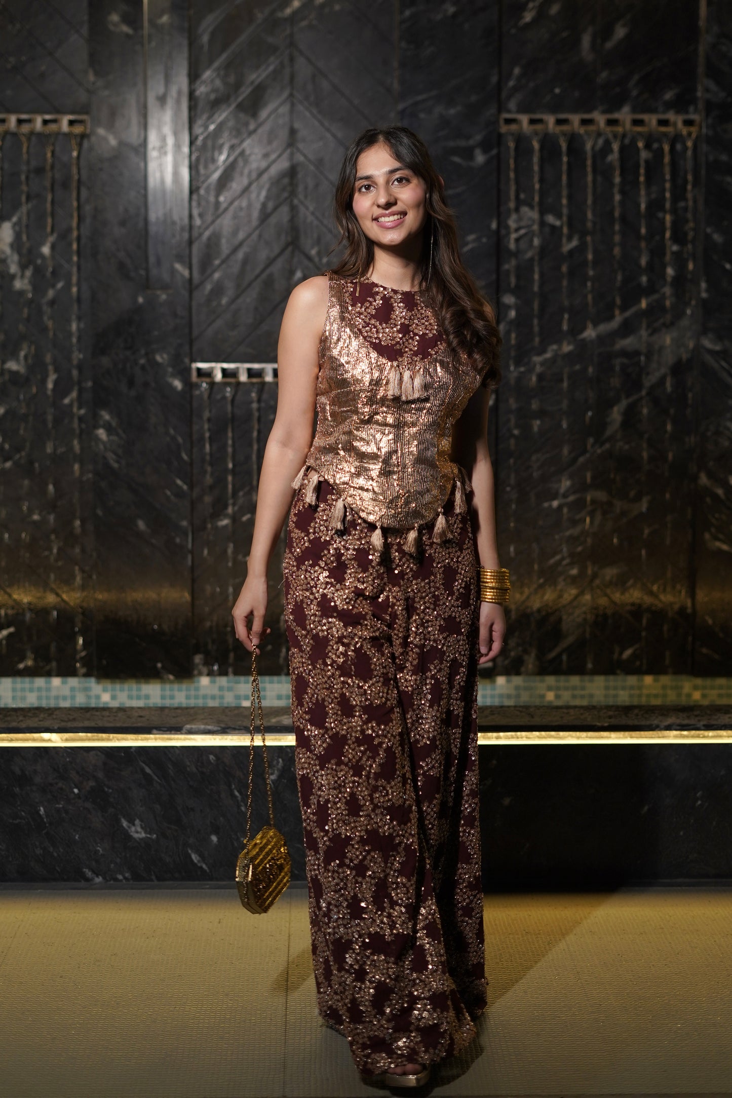 Wine Embellished Set with Metallic Top & Palazzo Pants