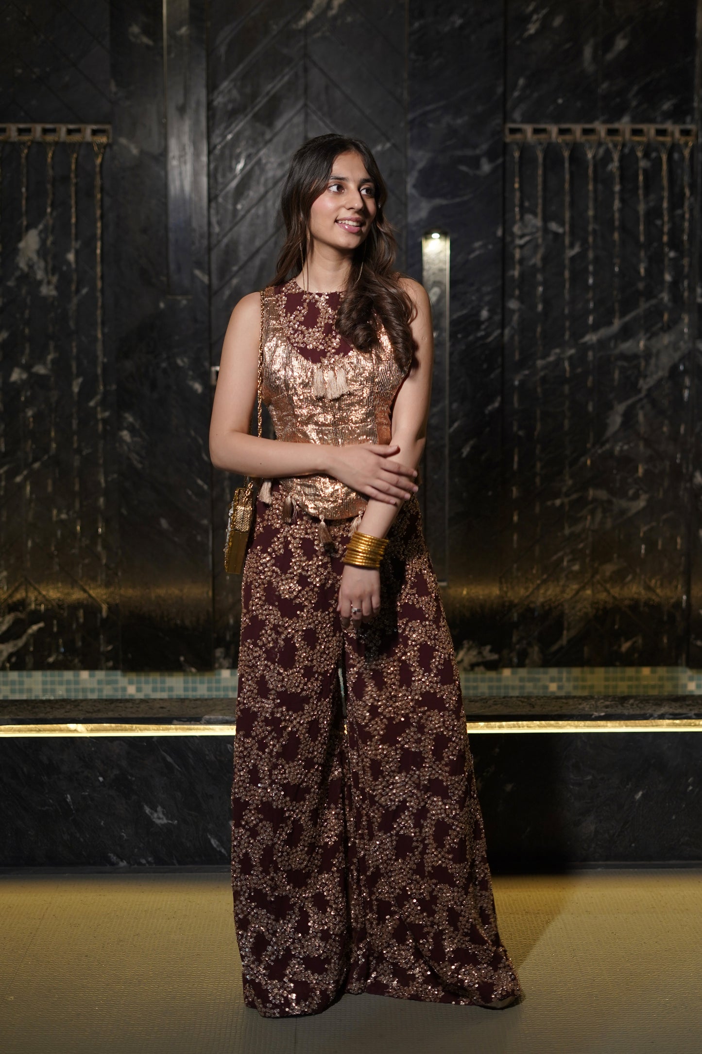 Wine Embellished Set with Metallic Top & Palazzo Pants