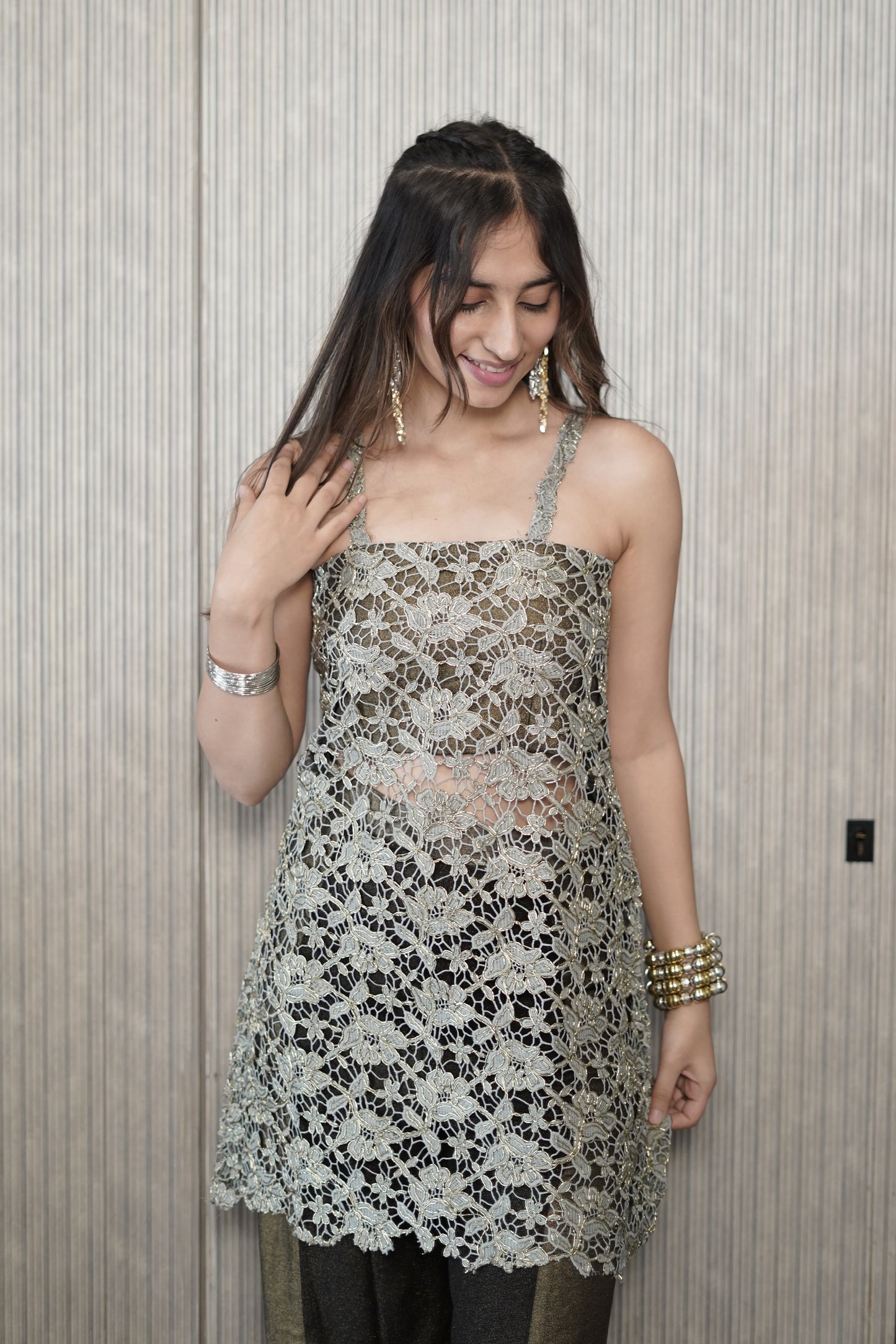 Cutwork Kurti Set with Two-Tone Shimmer Pants