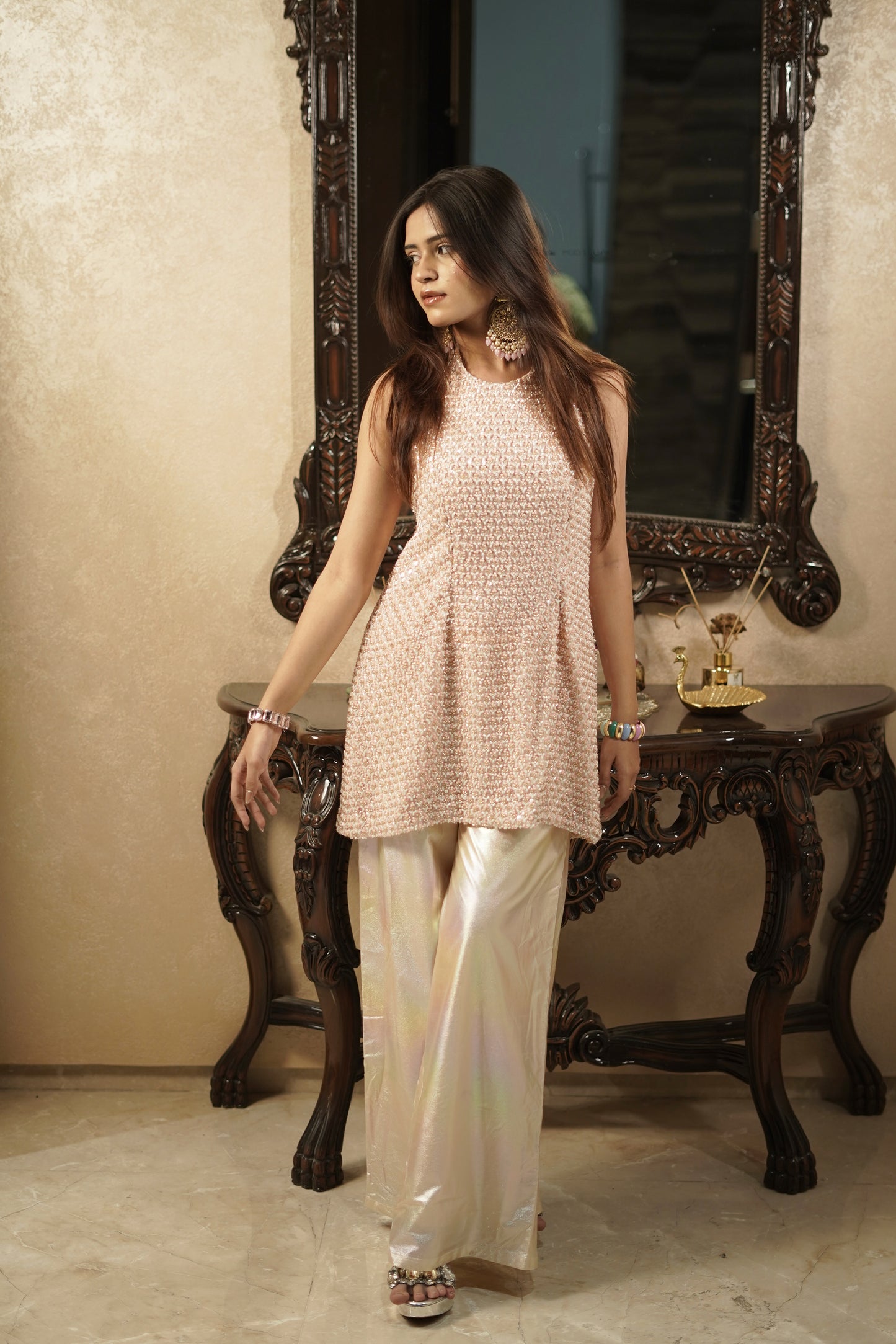 Beaded Halter Kurti with Georgette Shimmer Pants
