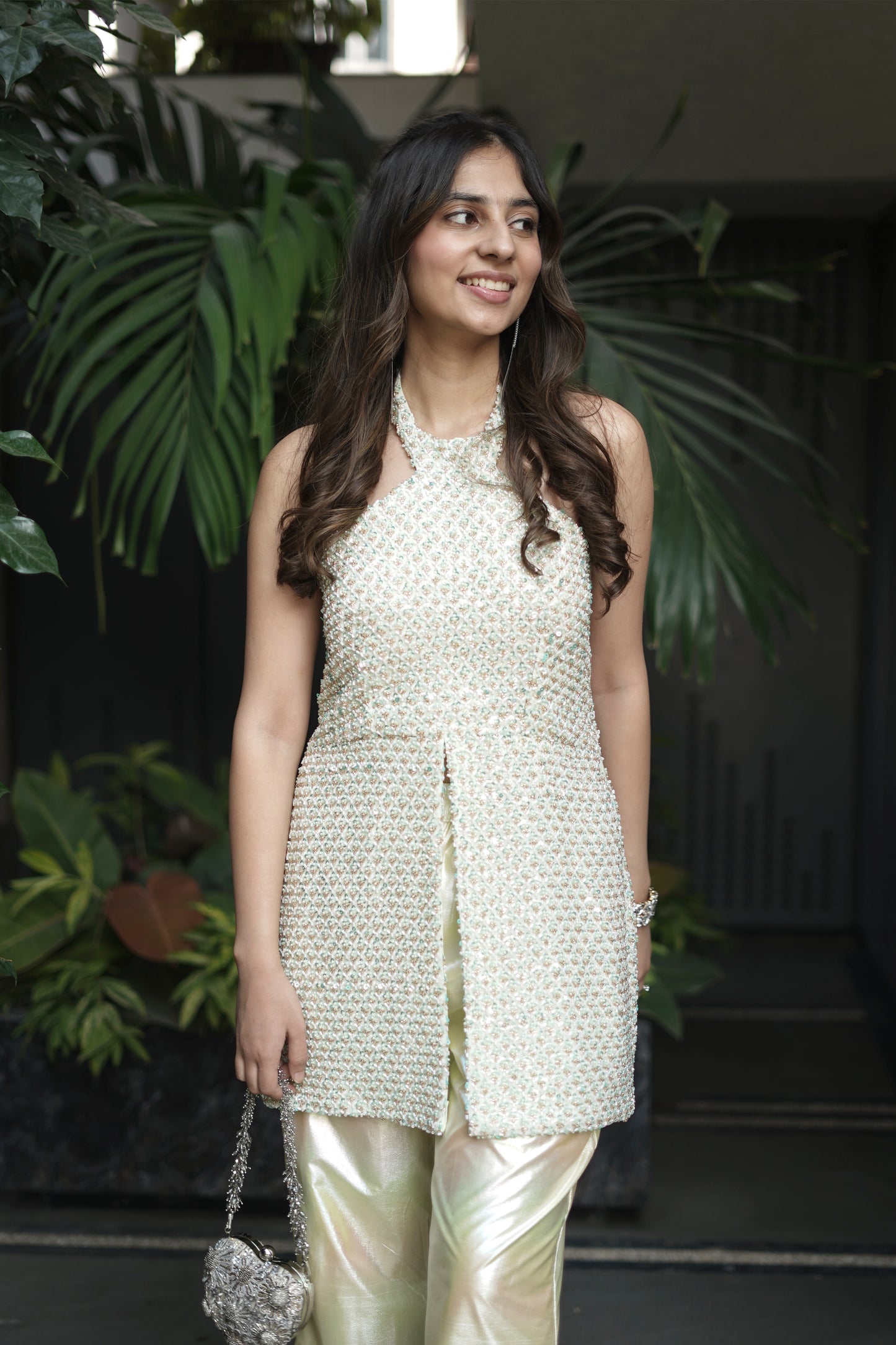 Beaded Halter Kurti with Georgette Shimmer Pants