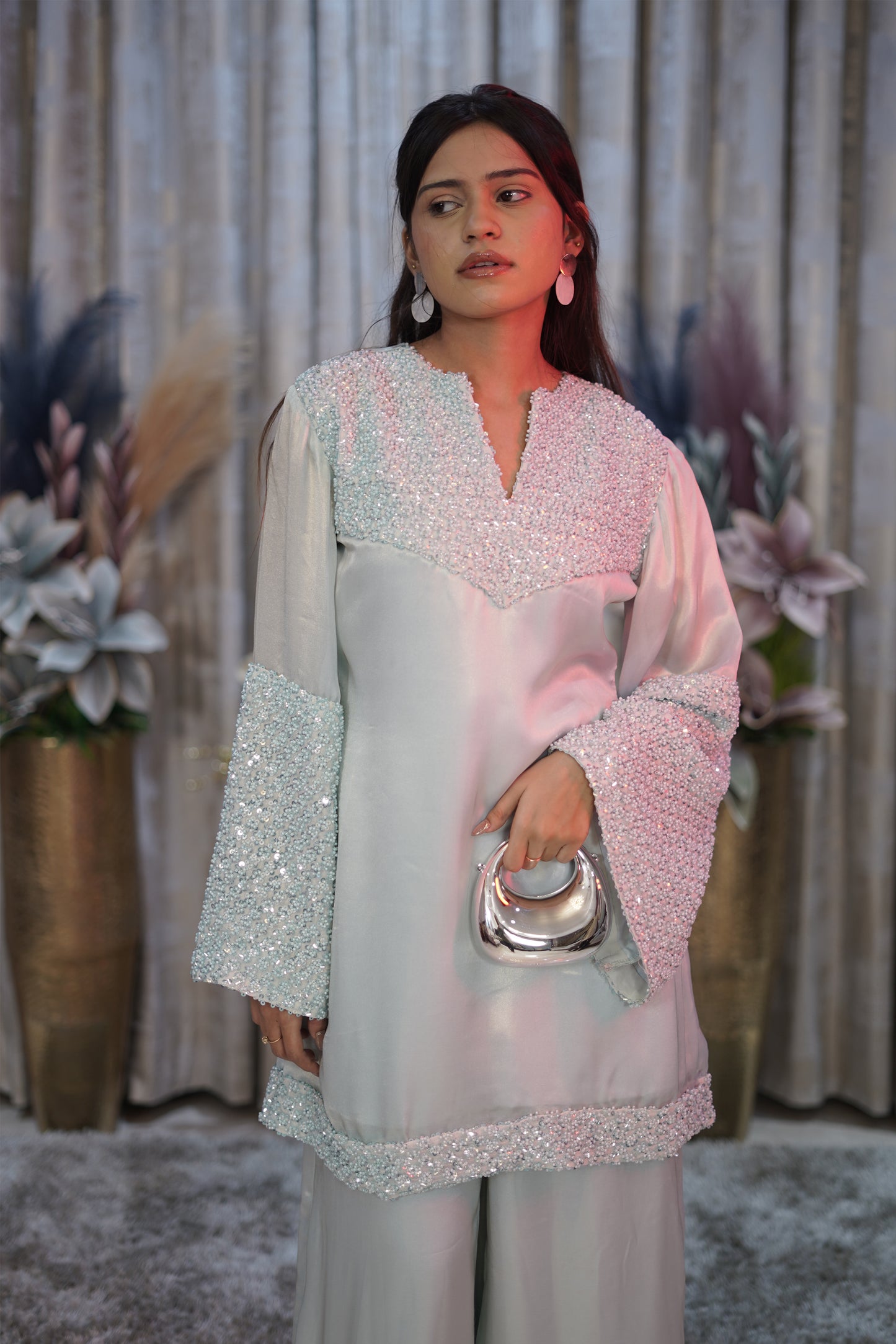 Mint Beaded Festive Kurti Set