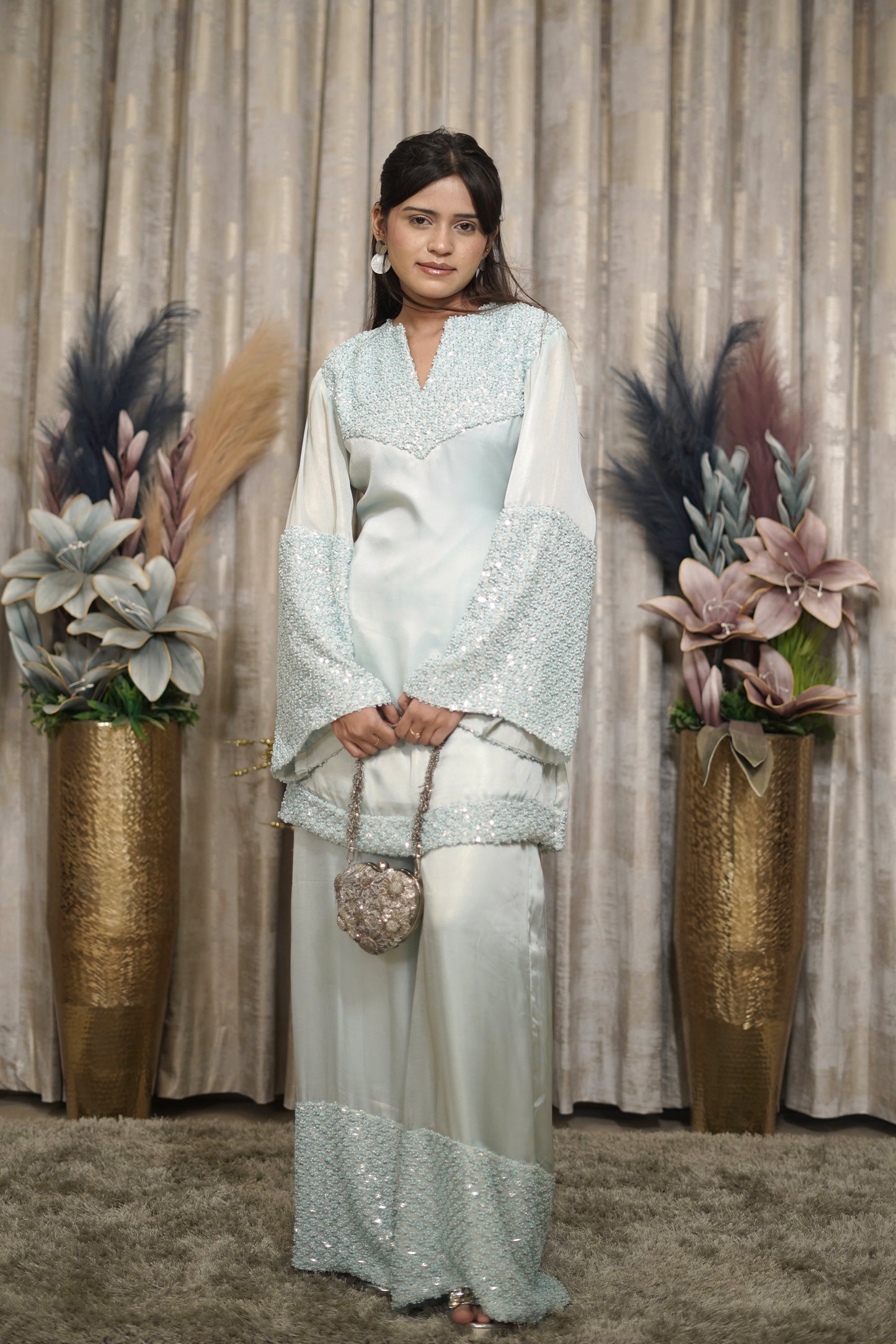 Mint Beaded Festive Kurti Set