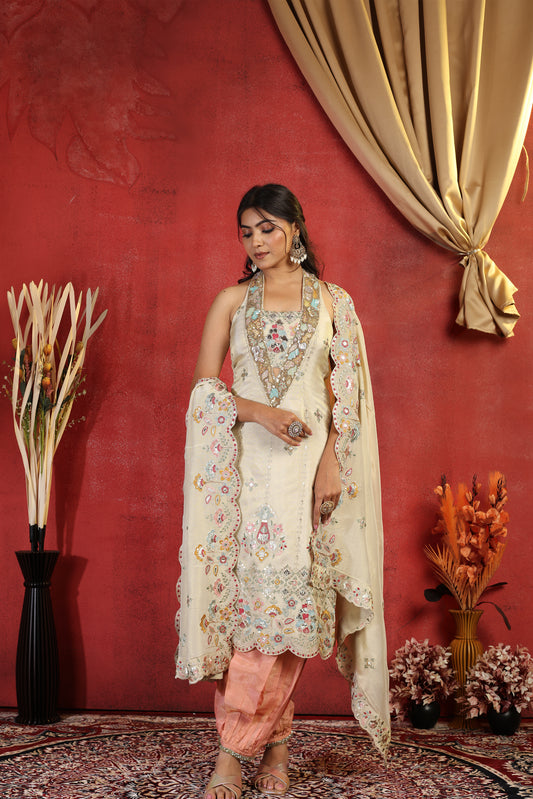 Multicolor Embroidered Handwork Tissue Suit