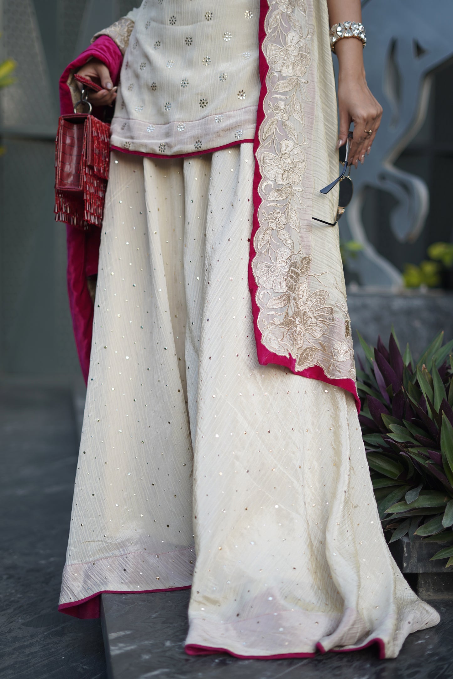 Ivory Tissue Pitha Work Sharara Set