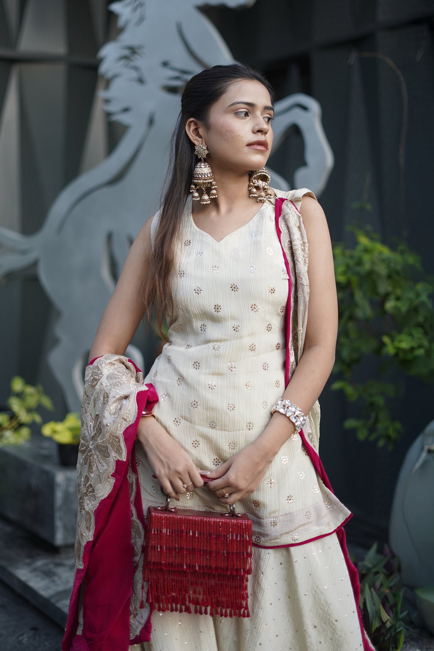 Ivory Tissue Pitha Work Sharara Set