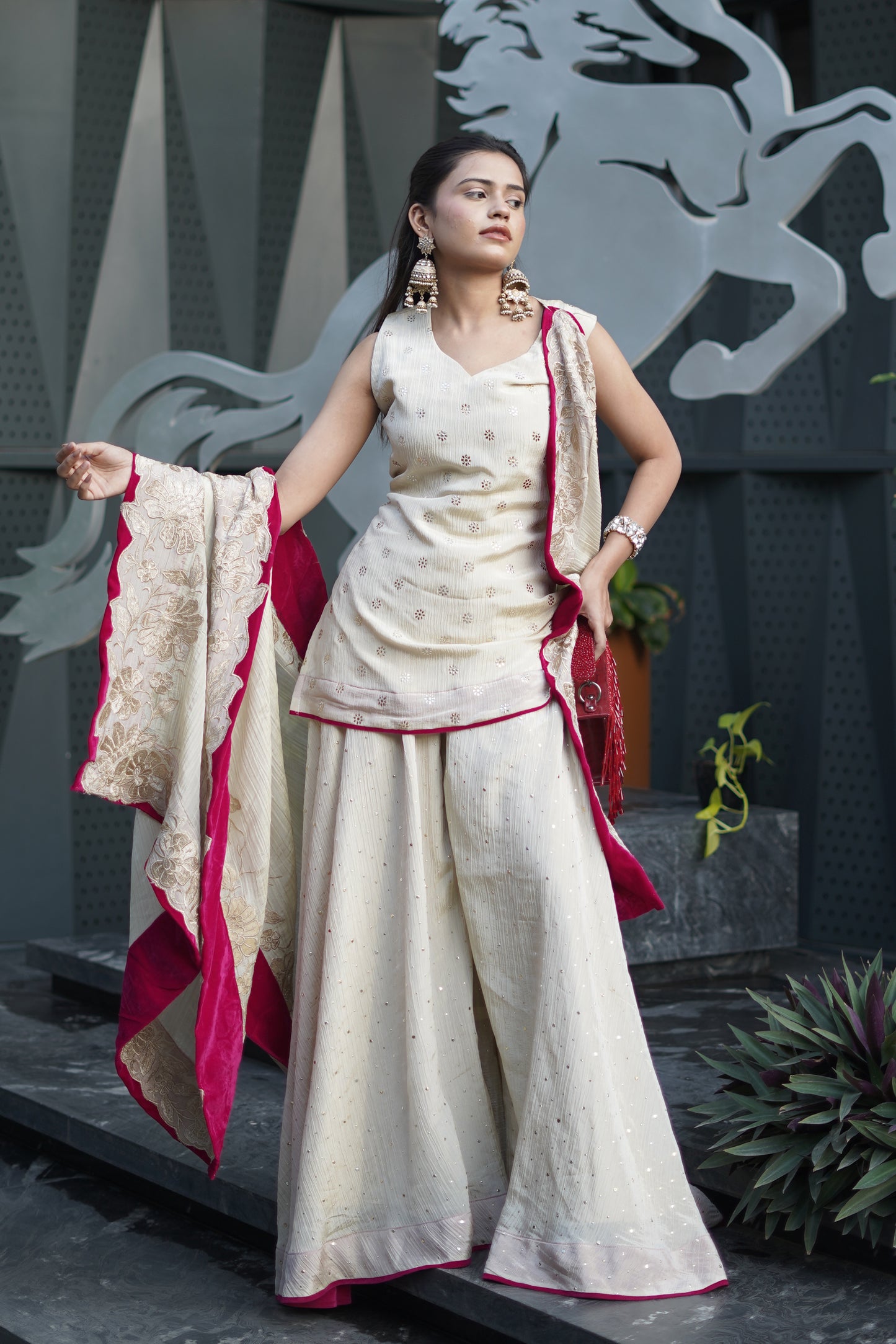 Ivory Tissue Pitha Work Sharara Set