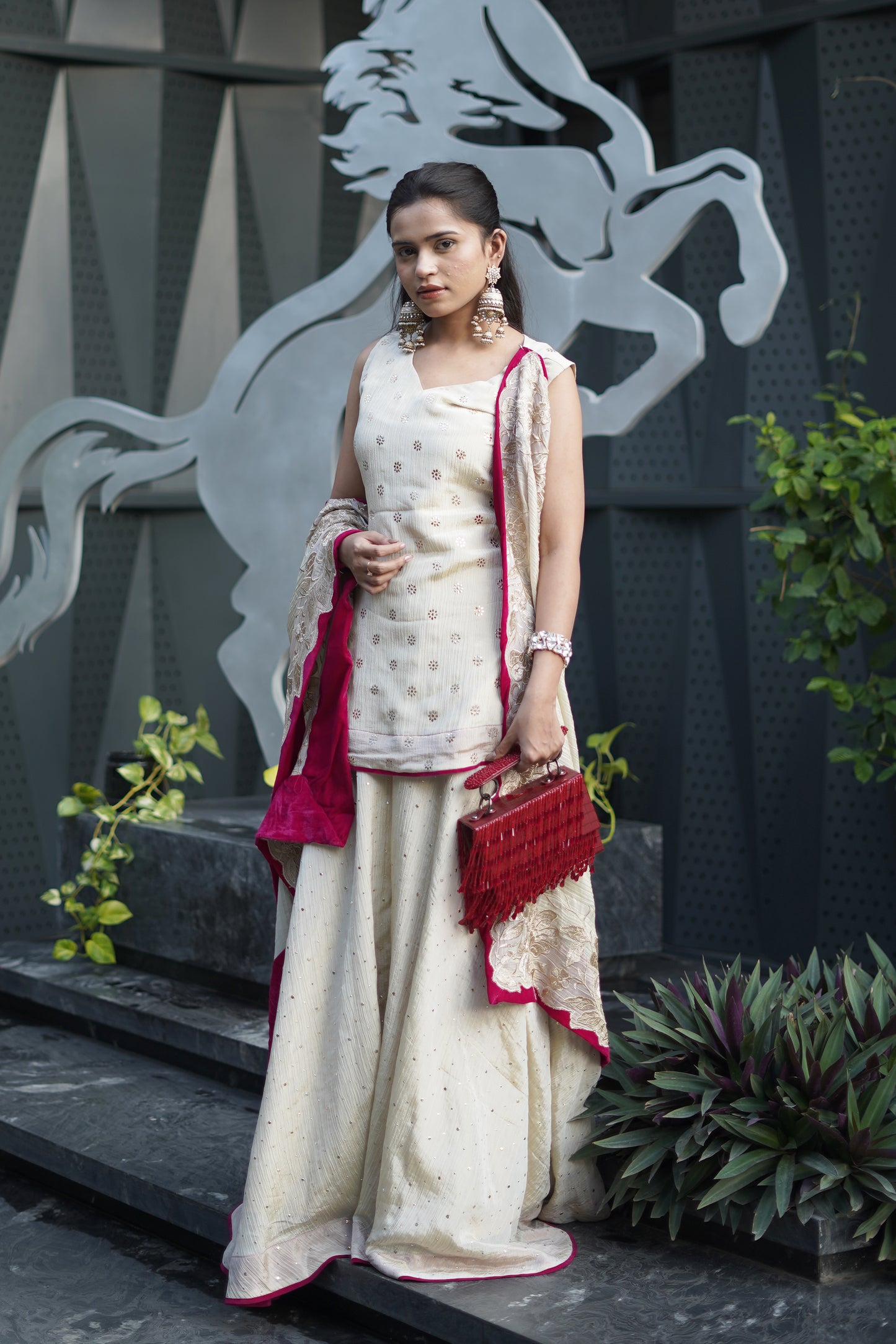 Ivory Tissue Pitha Work Sharara Set