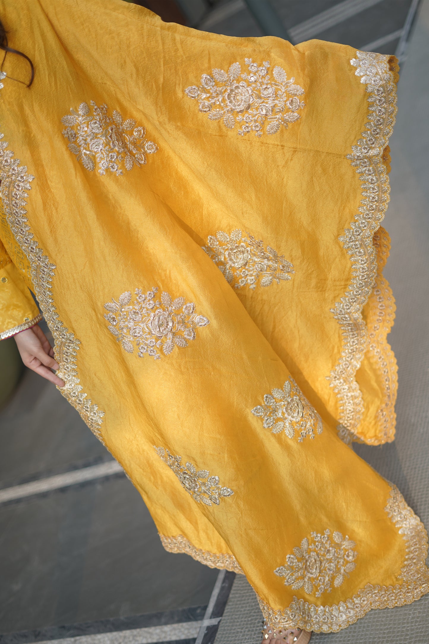 Mustard Chanderi Beadwork Suit with Tissue Dupatta