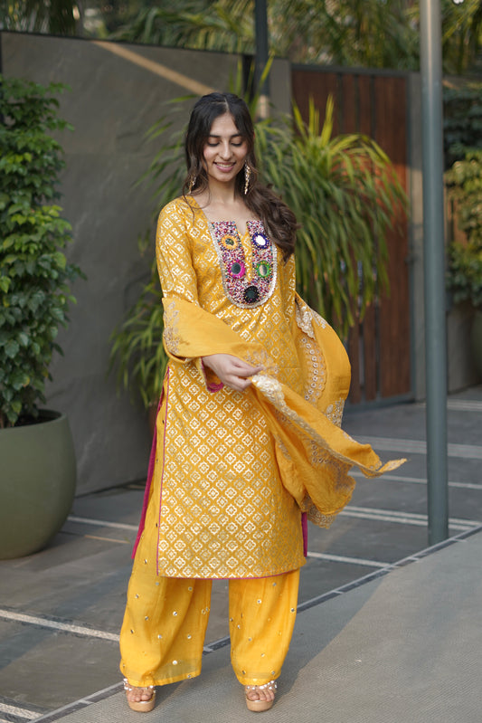 Mustard Chanderi Beadwork Suit with Tissue Dupatta