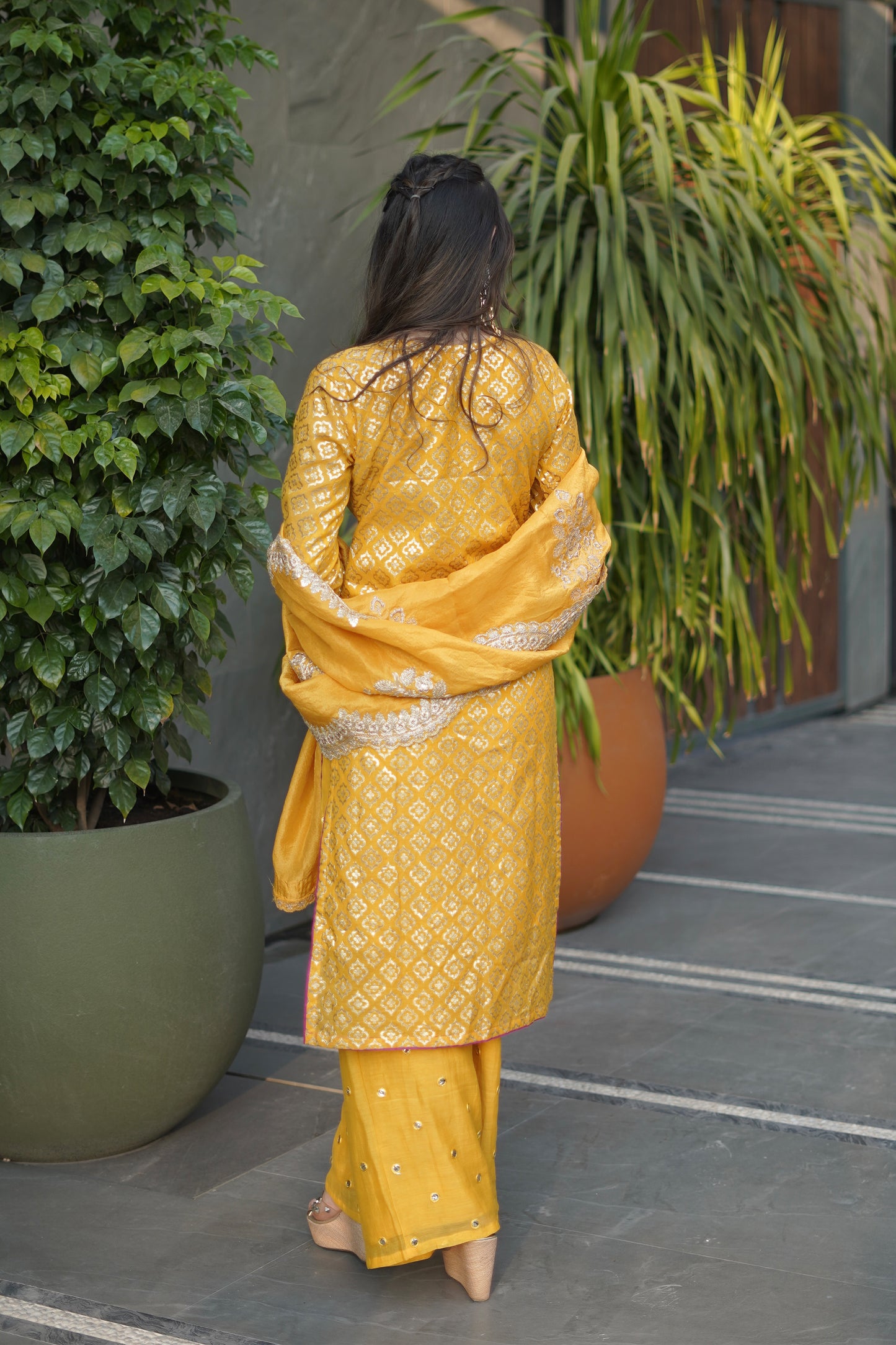 Mustard Chanderi Beadwork Suit with Tissue Dupatta