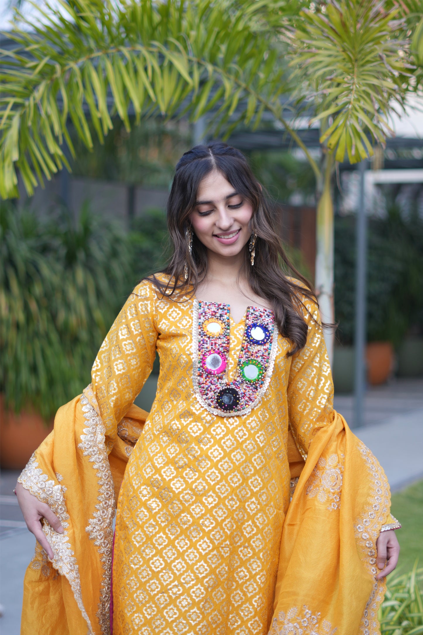 Mustard Chanderi Beadwork Suit with Tissue Dupatta