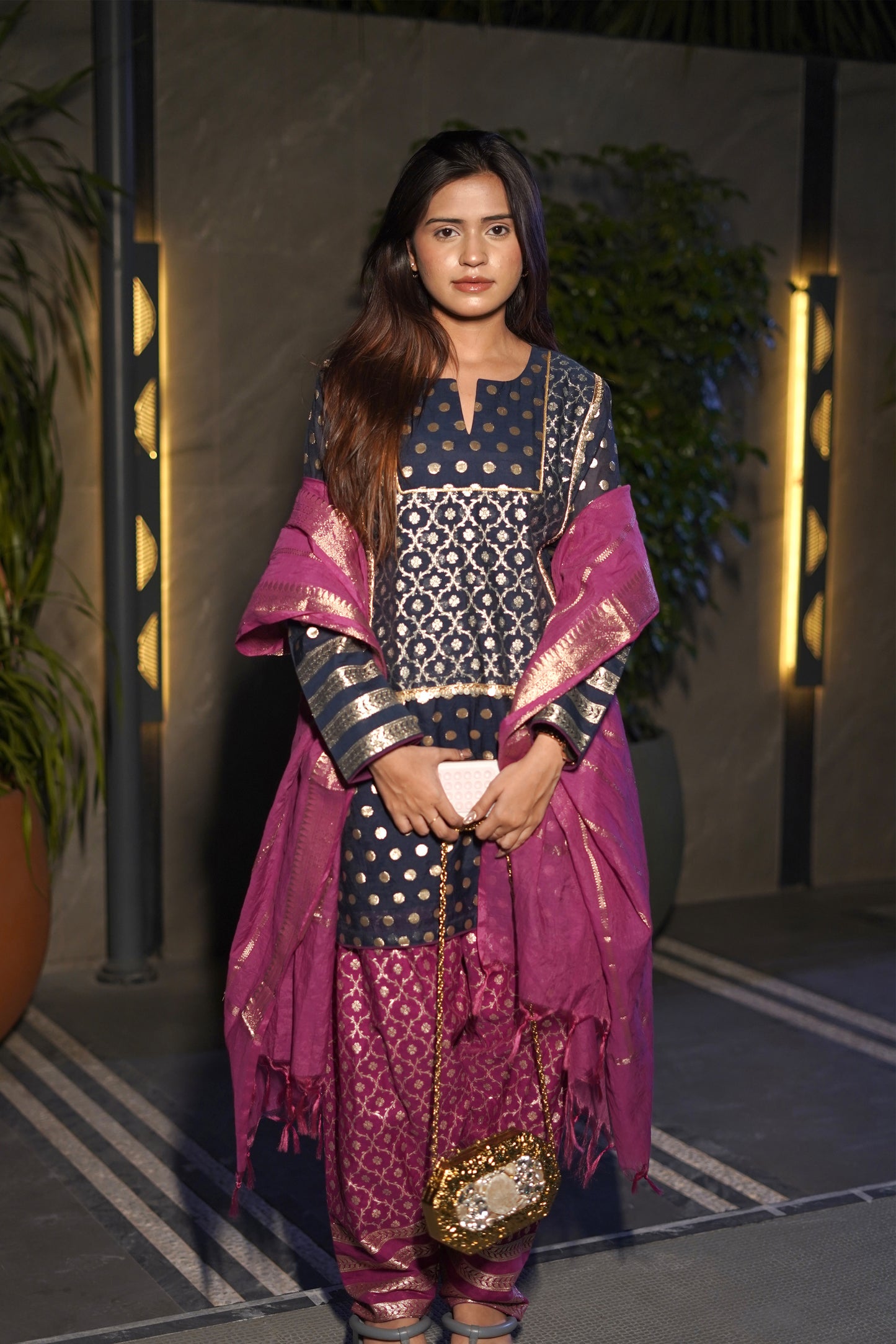 Navy Chanderi Woven Suit Set with Patiala Salwar