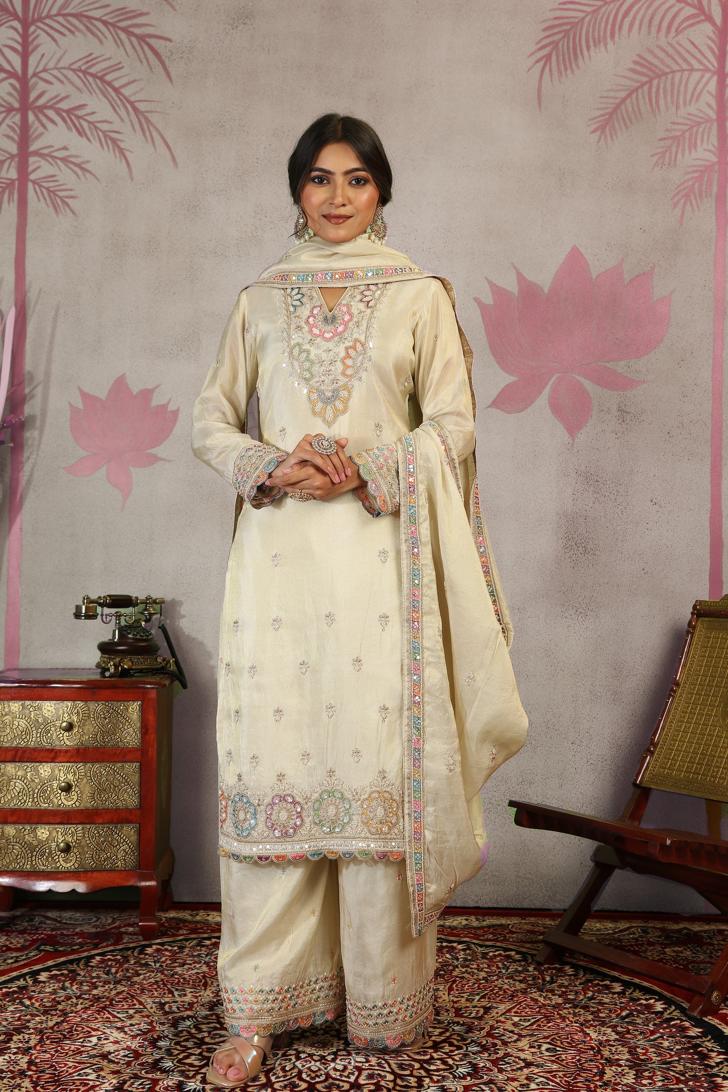 Cutdaana & Multicolor Thread Embroidered Tissue Suit