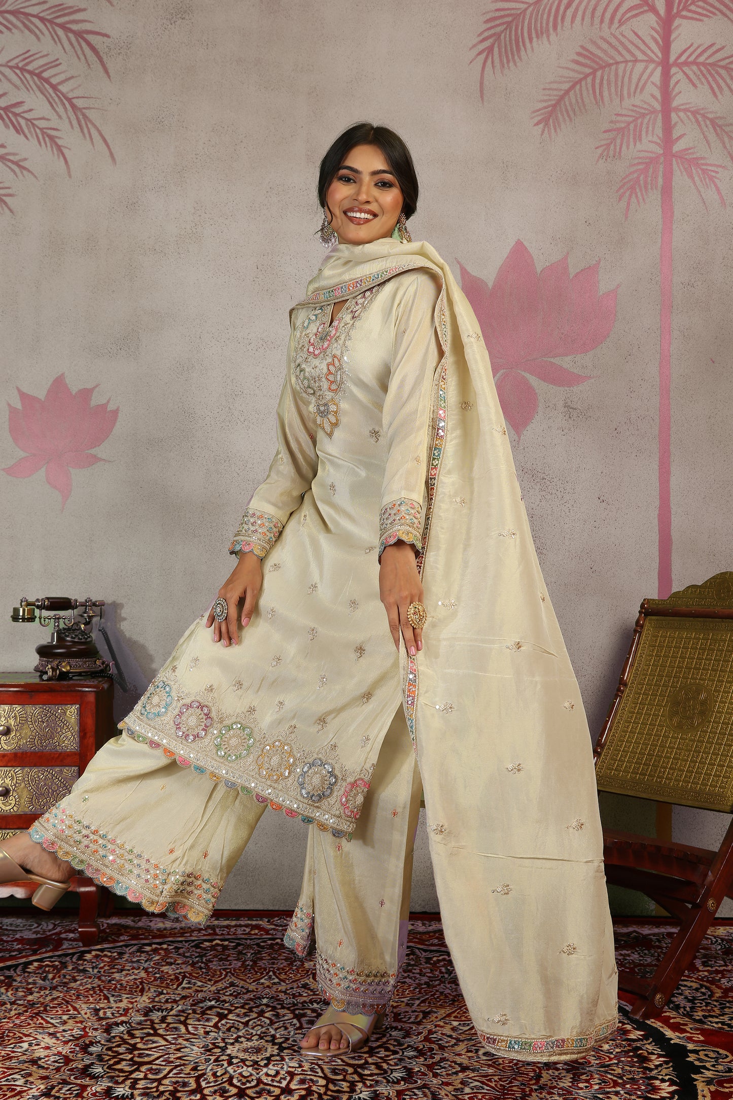 Cutdaana & Multicolor Thread Embroidered Tissue Suit