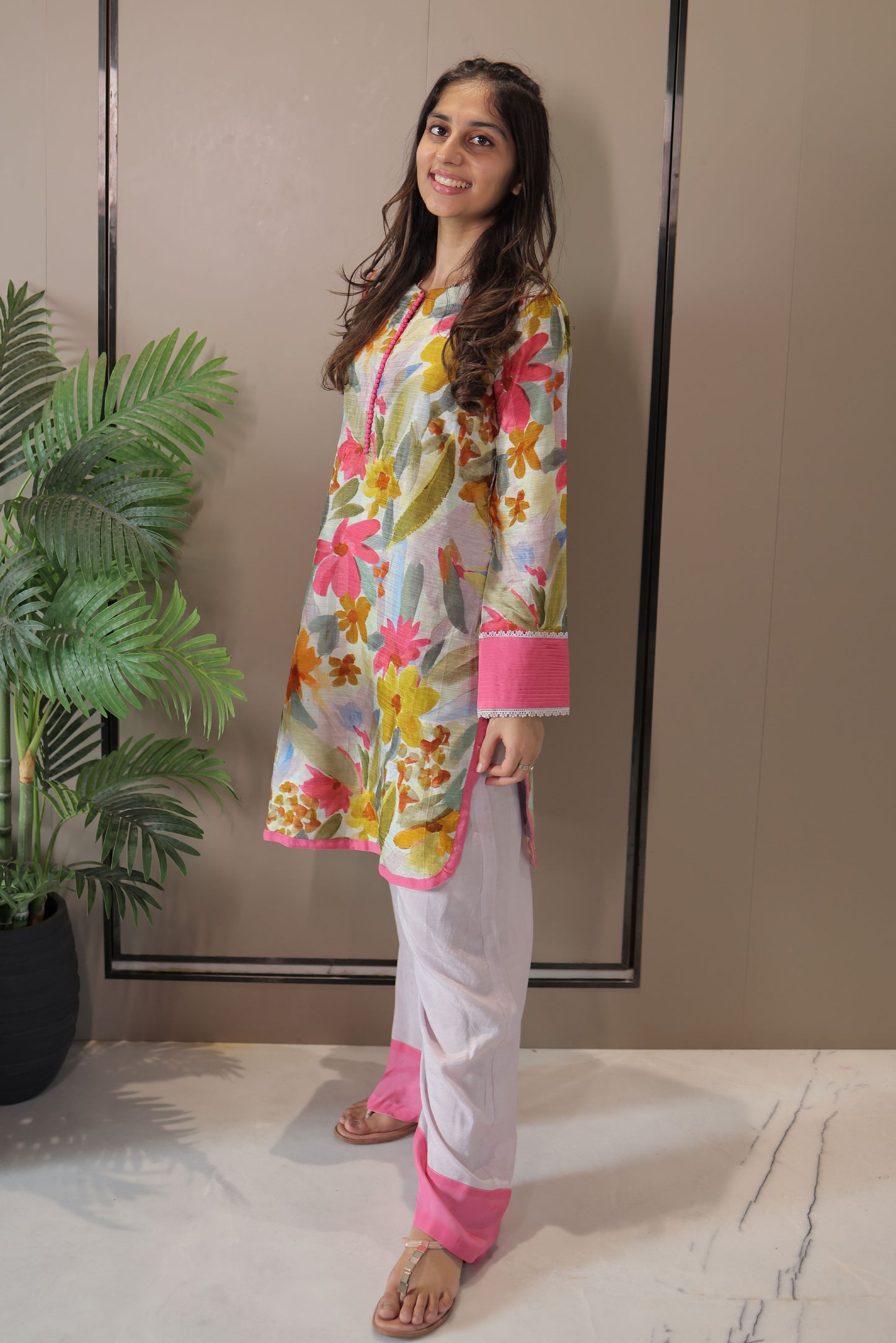 Pink Floral Co-ord Set with Pleated Lace Hem