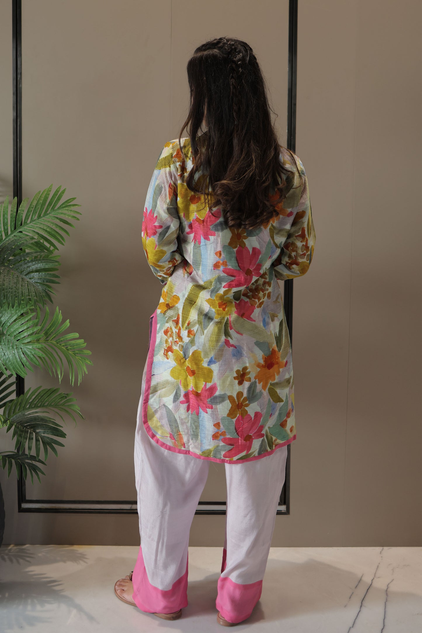 Pink Floral Co-ord Set with Pleated Lace Hem
