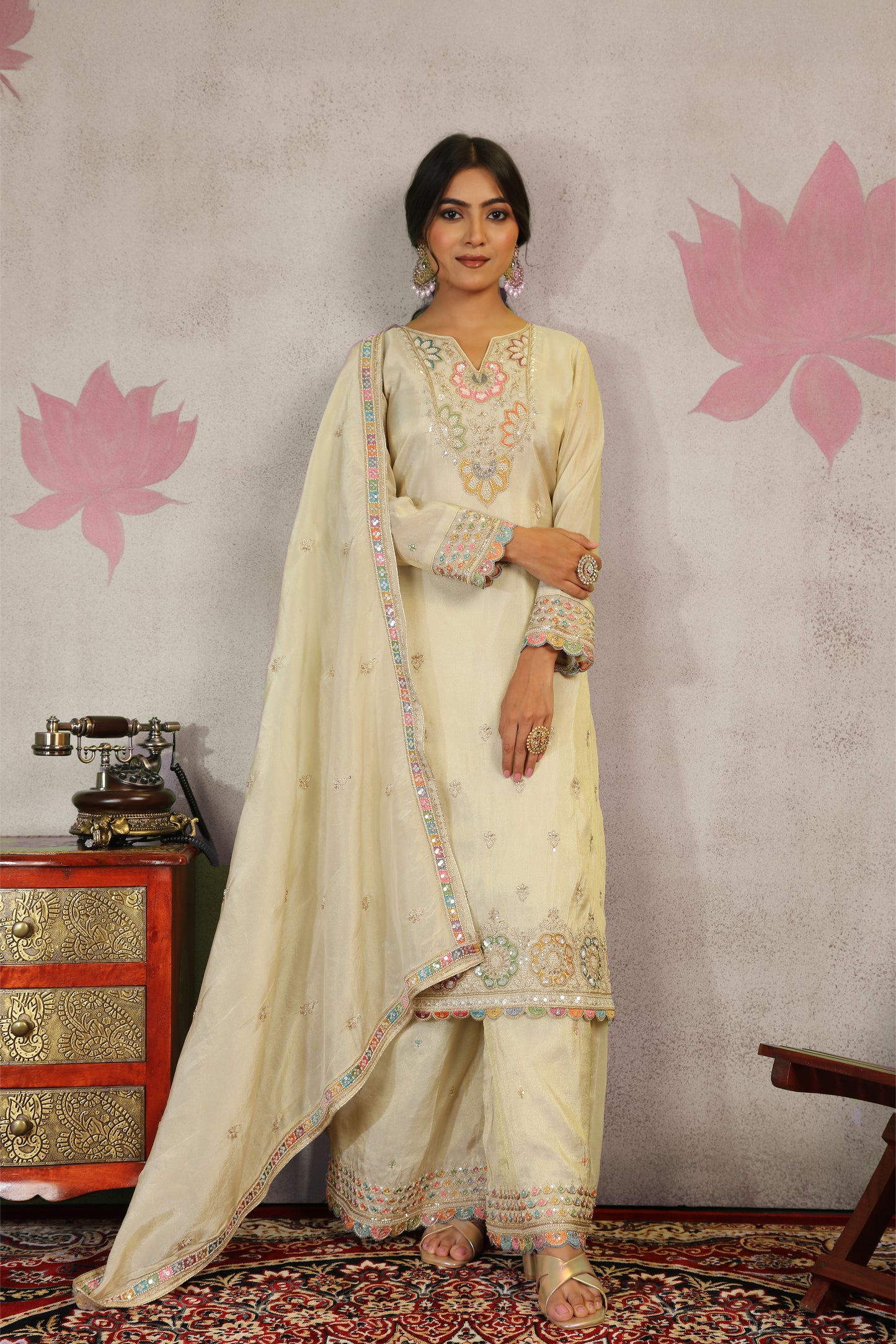 Cutdaana & Multicolor Thread Embroidered Tissue Suit