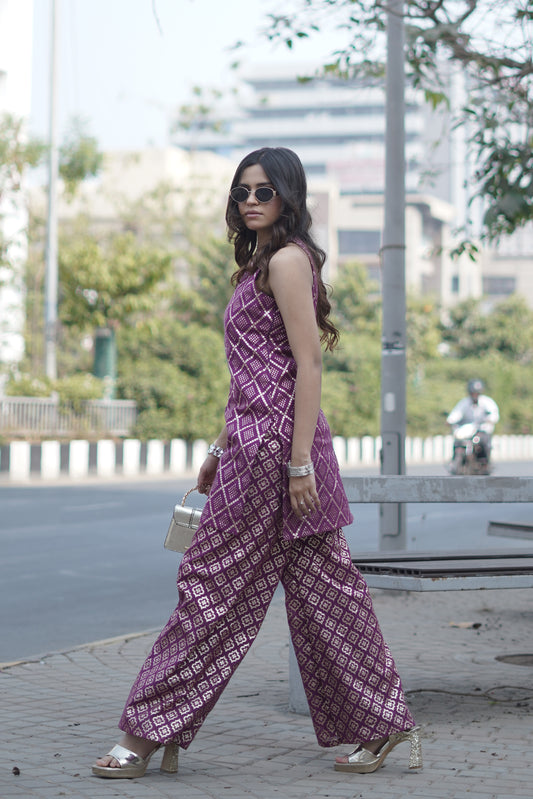 Magenta Geometric Woven Chanderi Co-ord Set